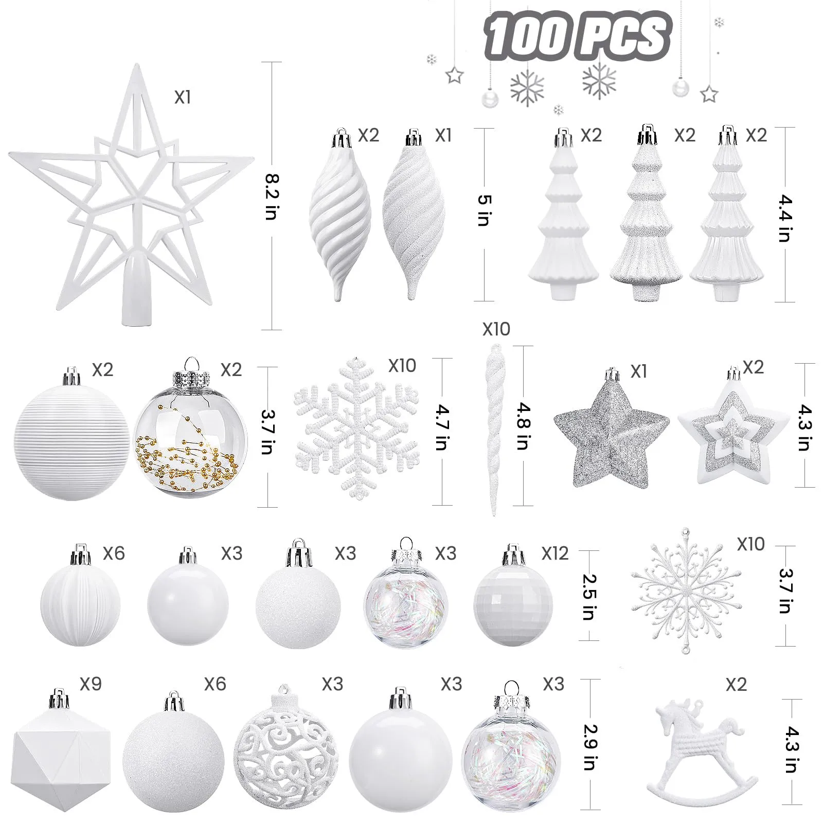 100pcs White Shatterproof Plastic Christmas Tree Decorations Ornaments Set