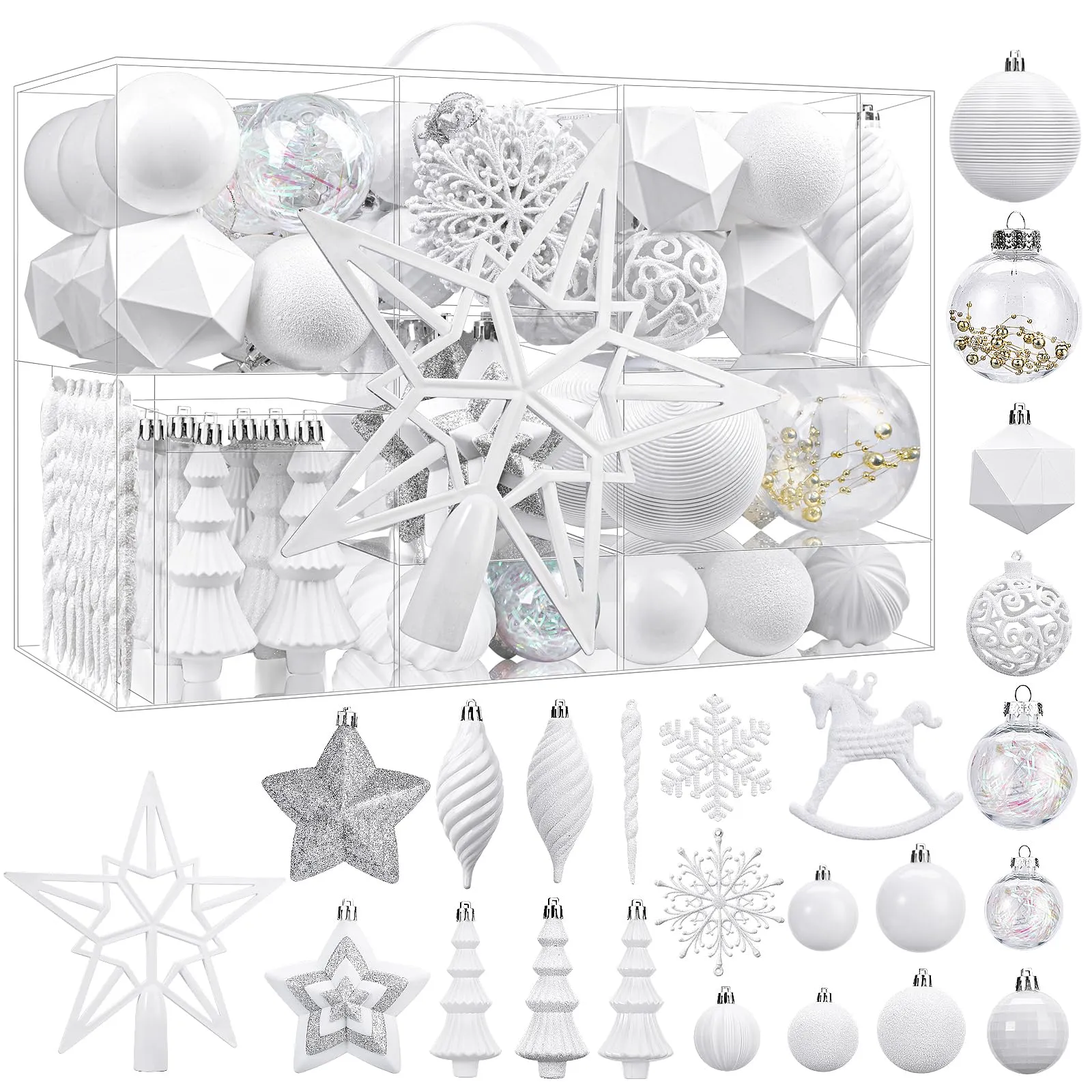 100pcs White Shatterproof Plastic Christmas Tree Decorations Ornaments Set