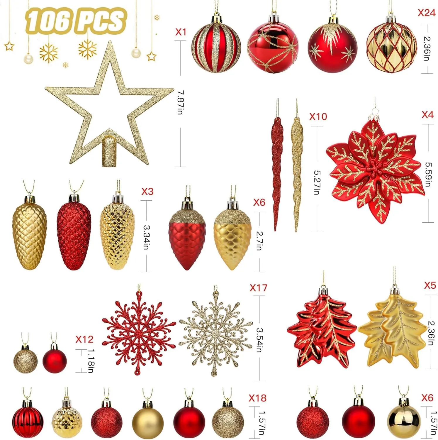 106pcs Christmas Shatterproof Plastic Balls Ornaments Set Red & Gold