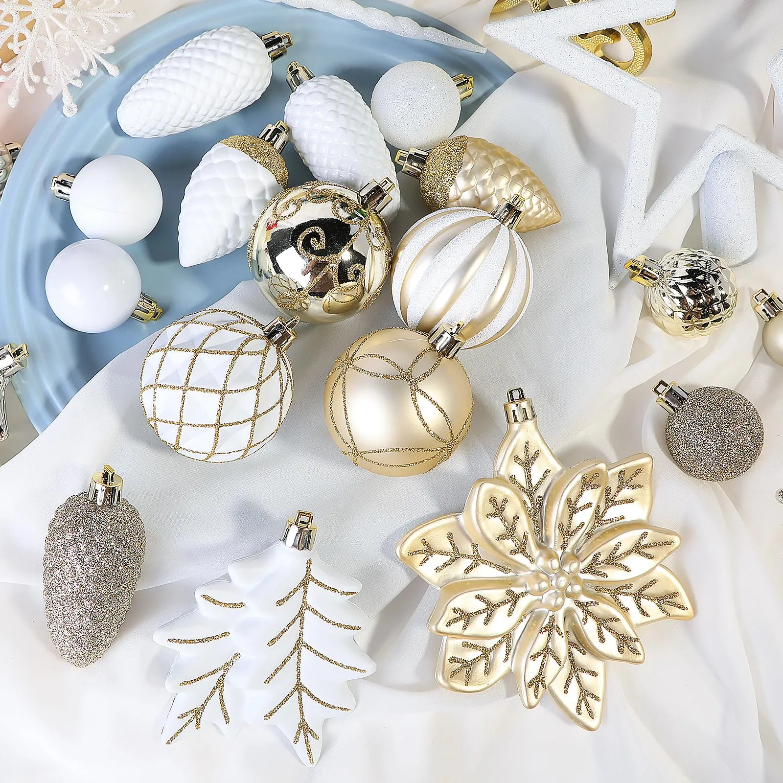 106PCS Gold &White Christmas Balls Ornaments Set with Hanging Hooks