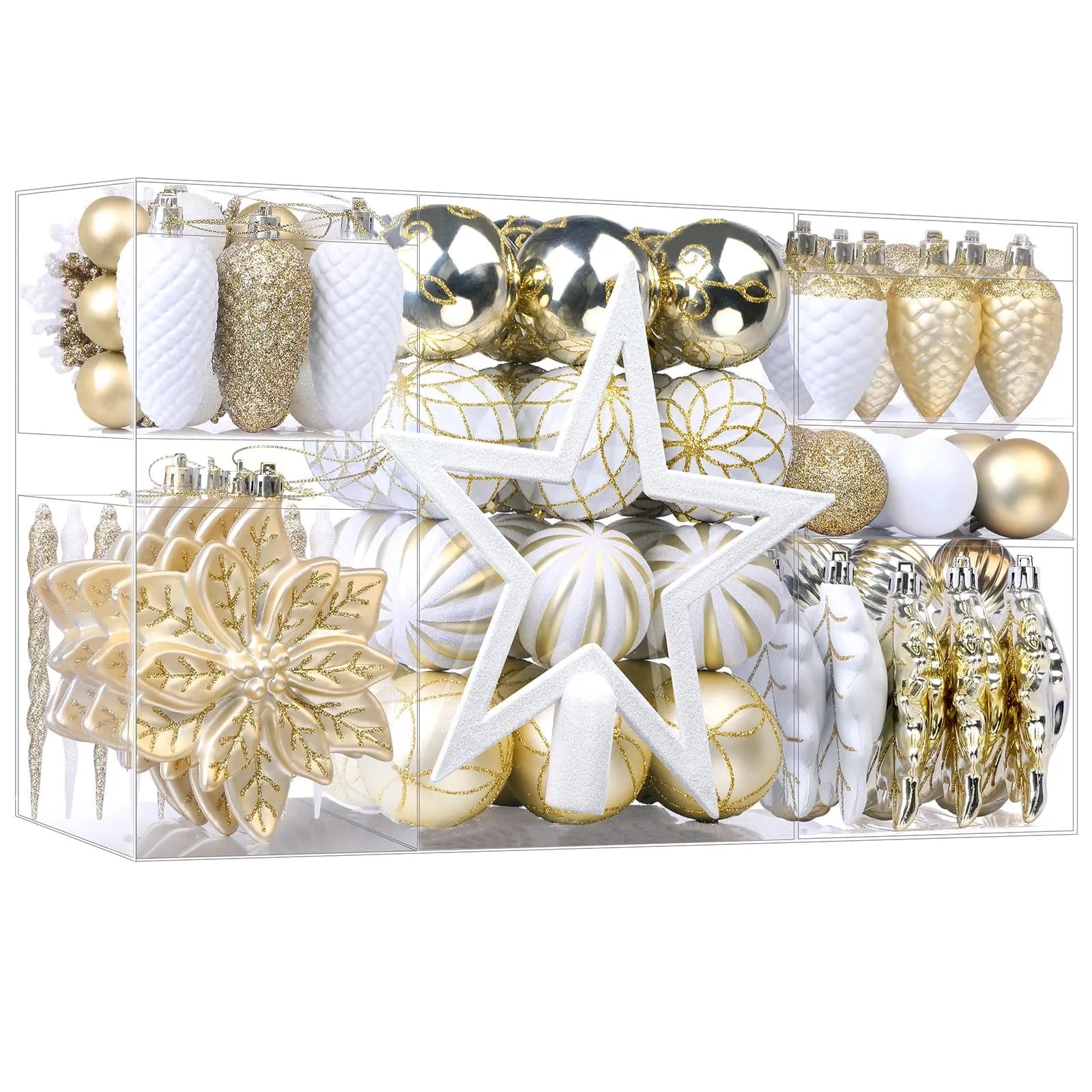 106PCS Gold &White Christmas Balls Ornaments Set with Hanging Hooks