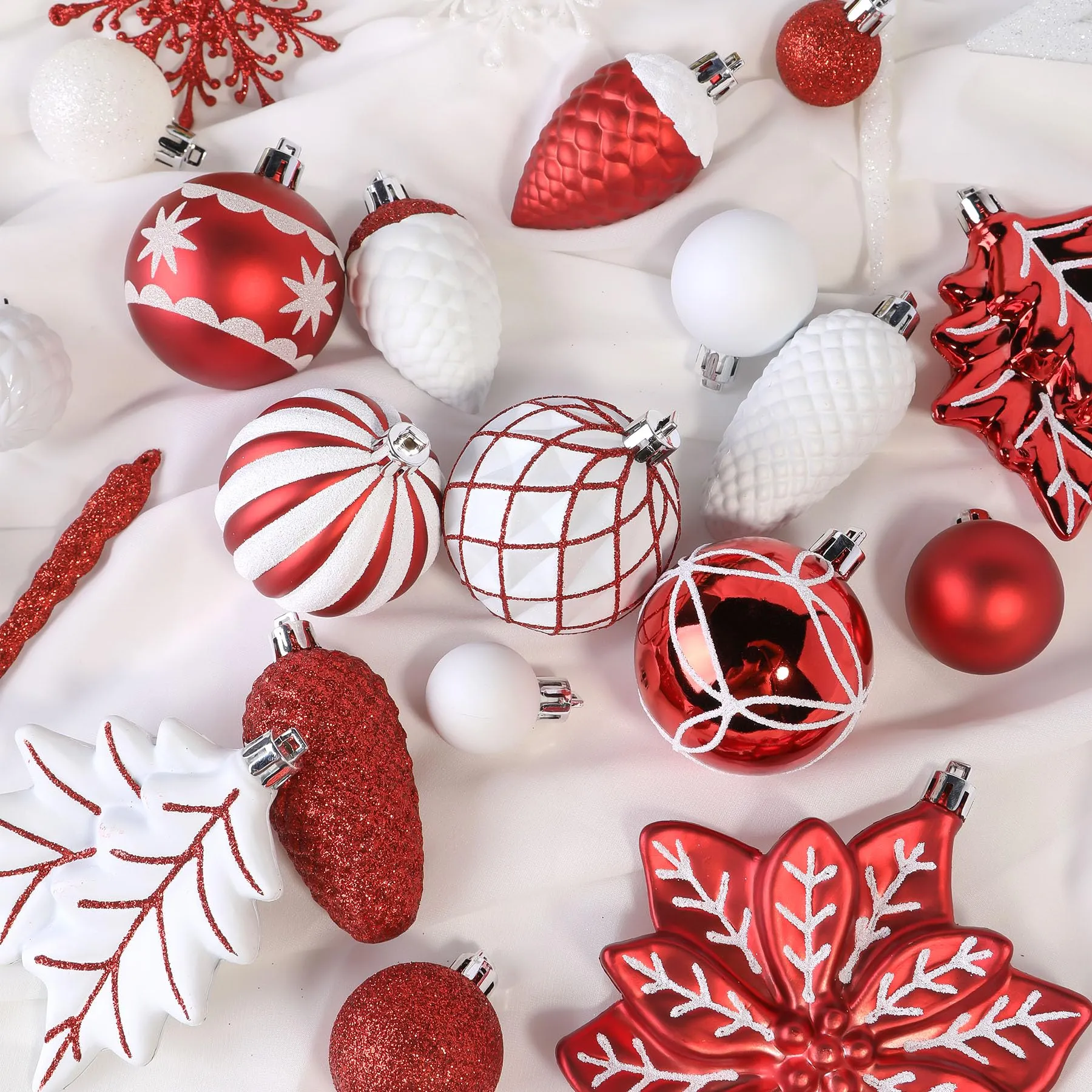 106PCS Red & White Christmas Balls Ornaments Set with Hanging Hooks