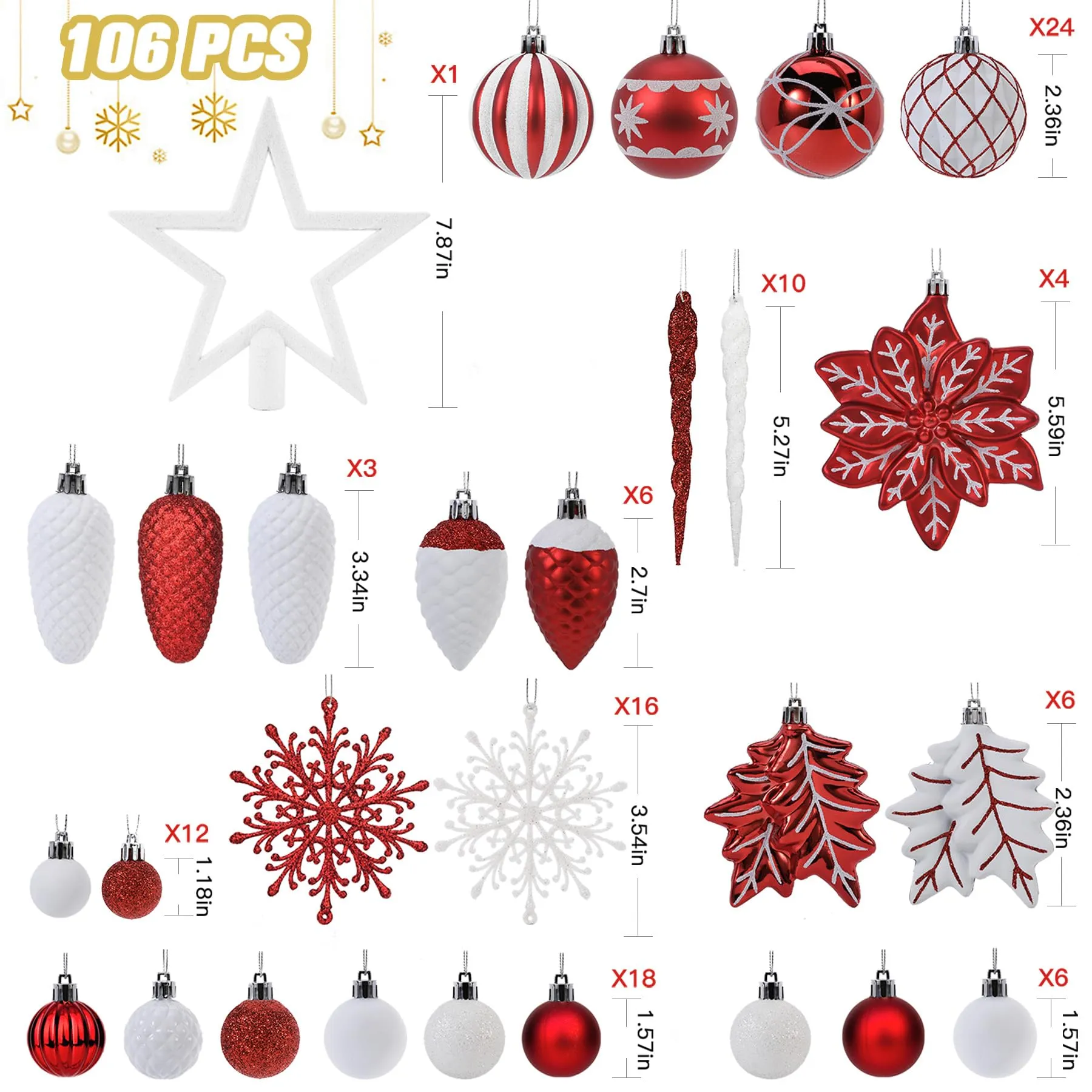 106PCS Red & White Christmas Balls Ornaments Set with Hanging Hooks