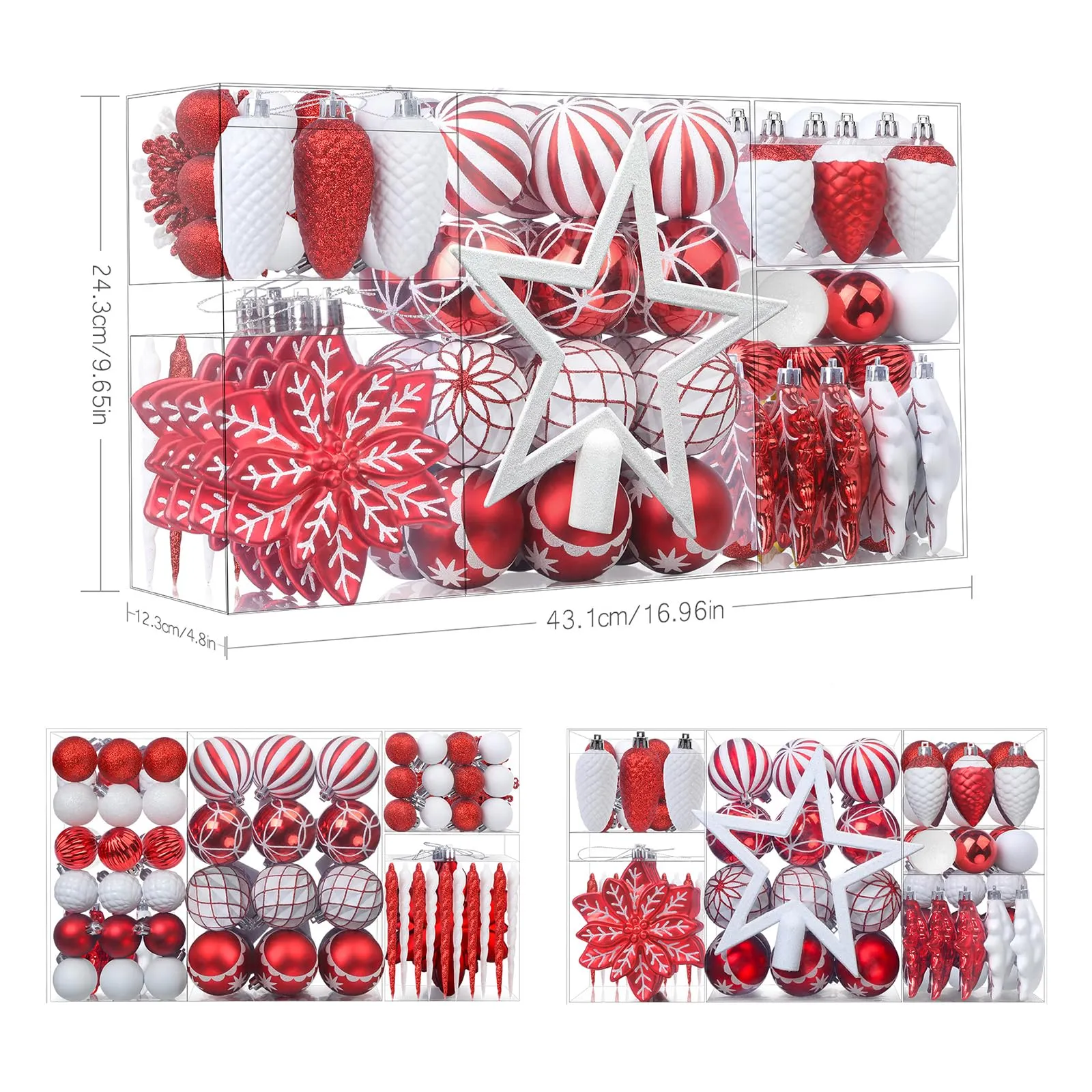 106PCS Red & White Christmas Balls Ornaments Set with Hanging Hooks