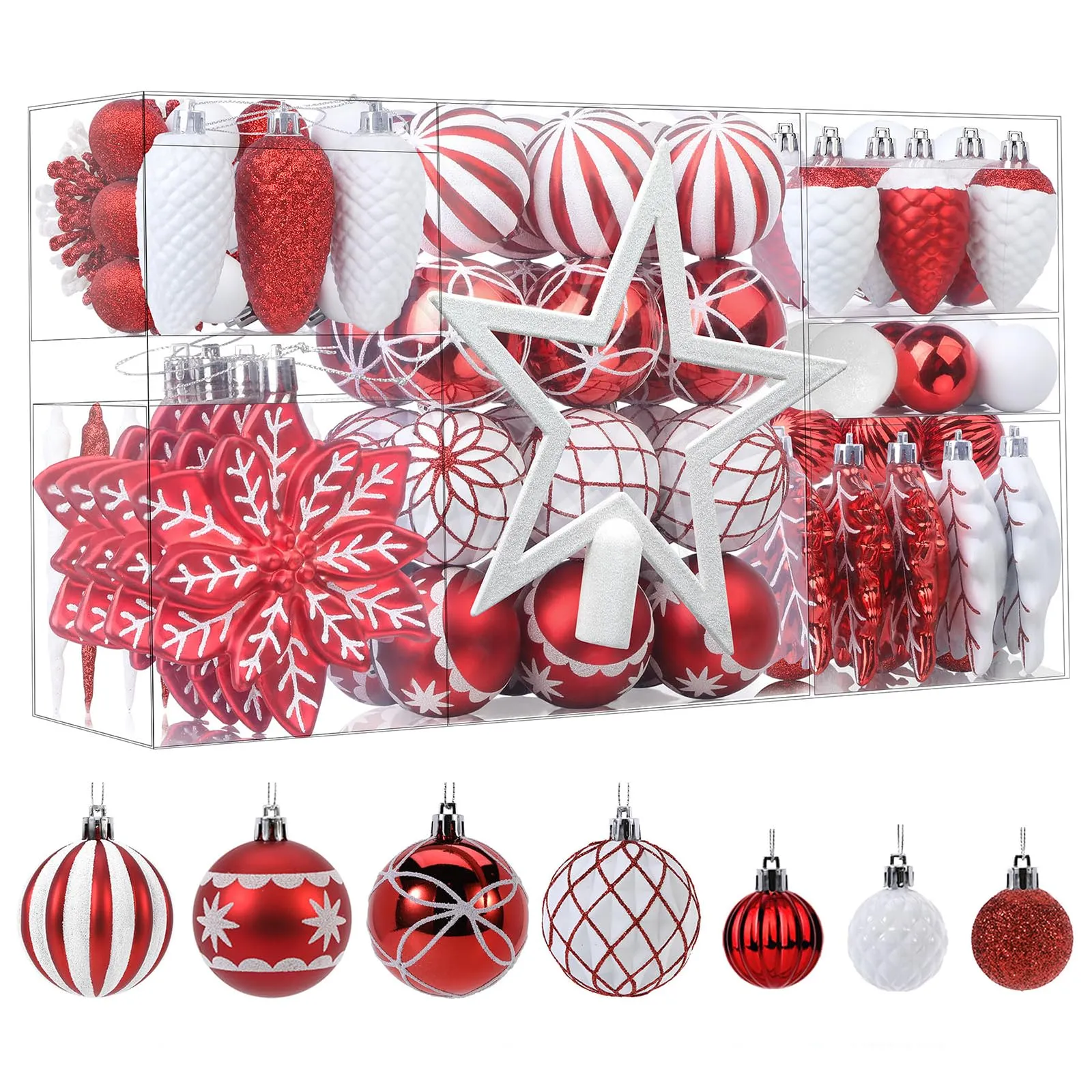 106PCS Red & White Christmas Balls Ornaments Set with Hanging Hooks