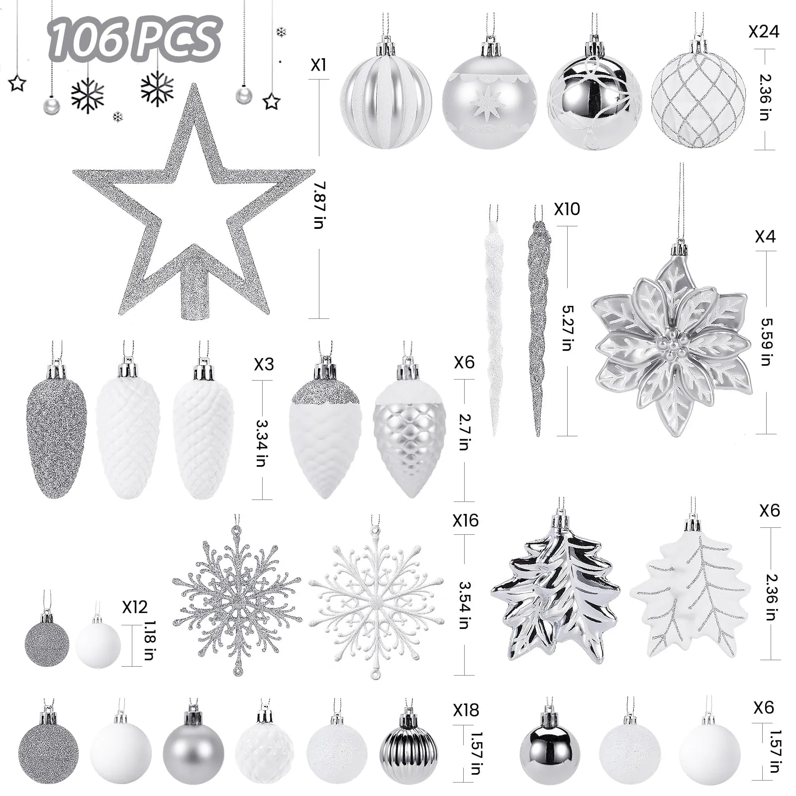 106pcs White &Silver Christmas Balls Ornaments Set with Hooks