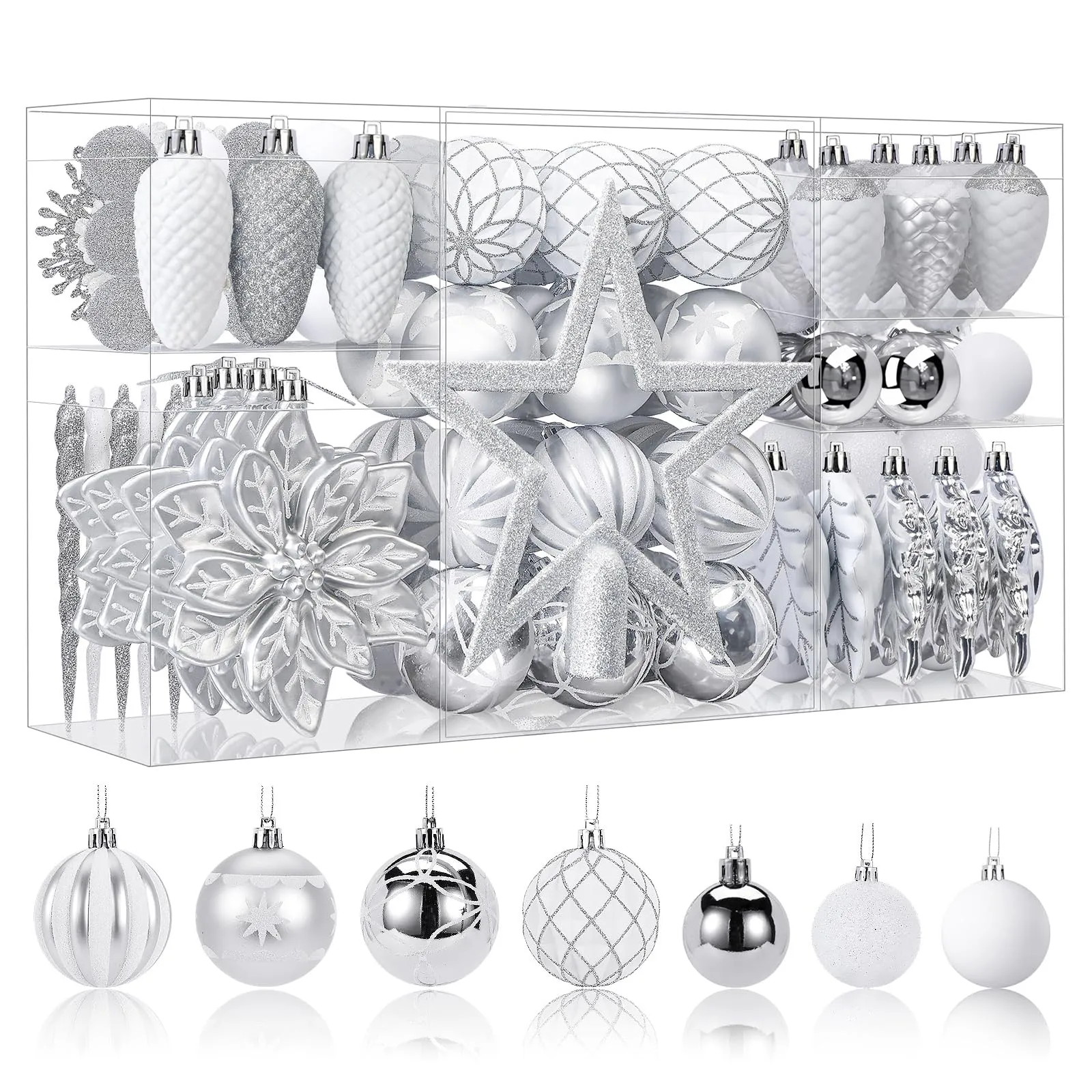 106pcs White &Silver Christmas Balls Ornaments Set with Hooks