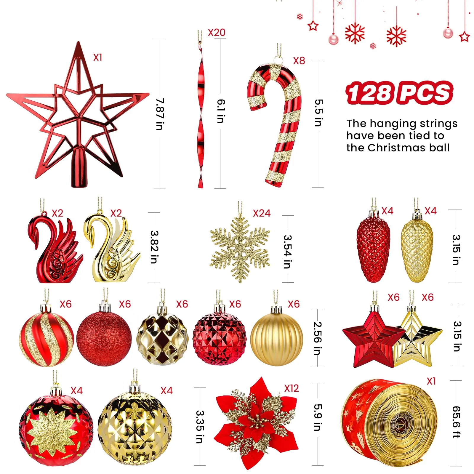 128pcs Red and Gold Shatterproof Plastic Baubles Christmas Balls Ornaments Set