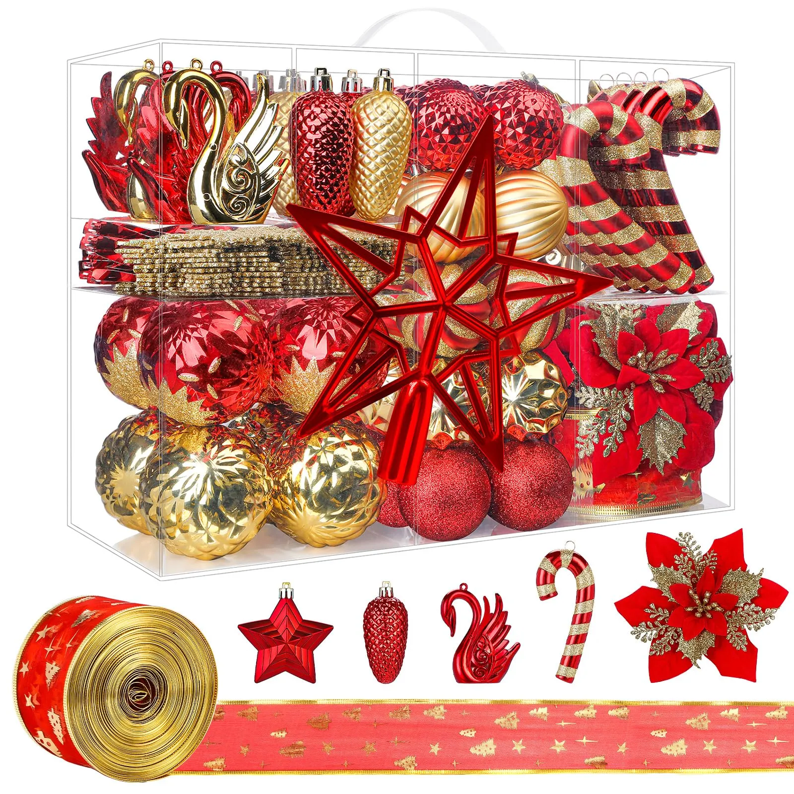 128pcs Red and Gold Shatterproof Plastic Baubles Christmas Balls Ornaments Set