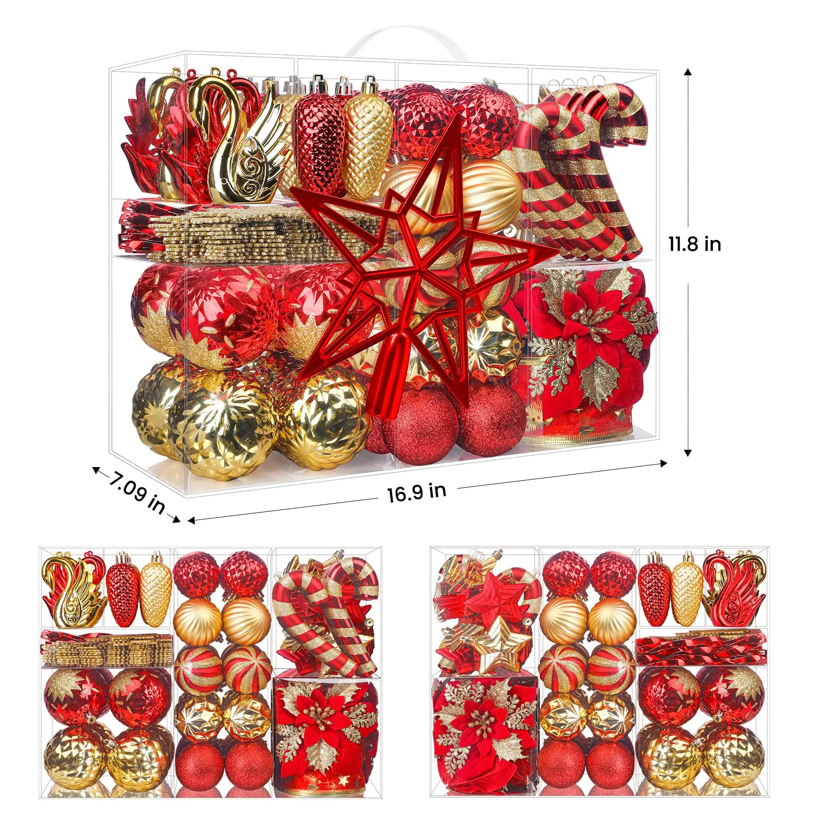 128pcs Red and Gold Shatterproof Plastic Baubles Christmas Balls Ornaments Set