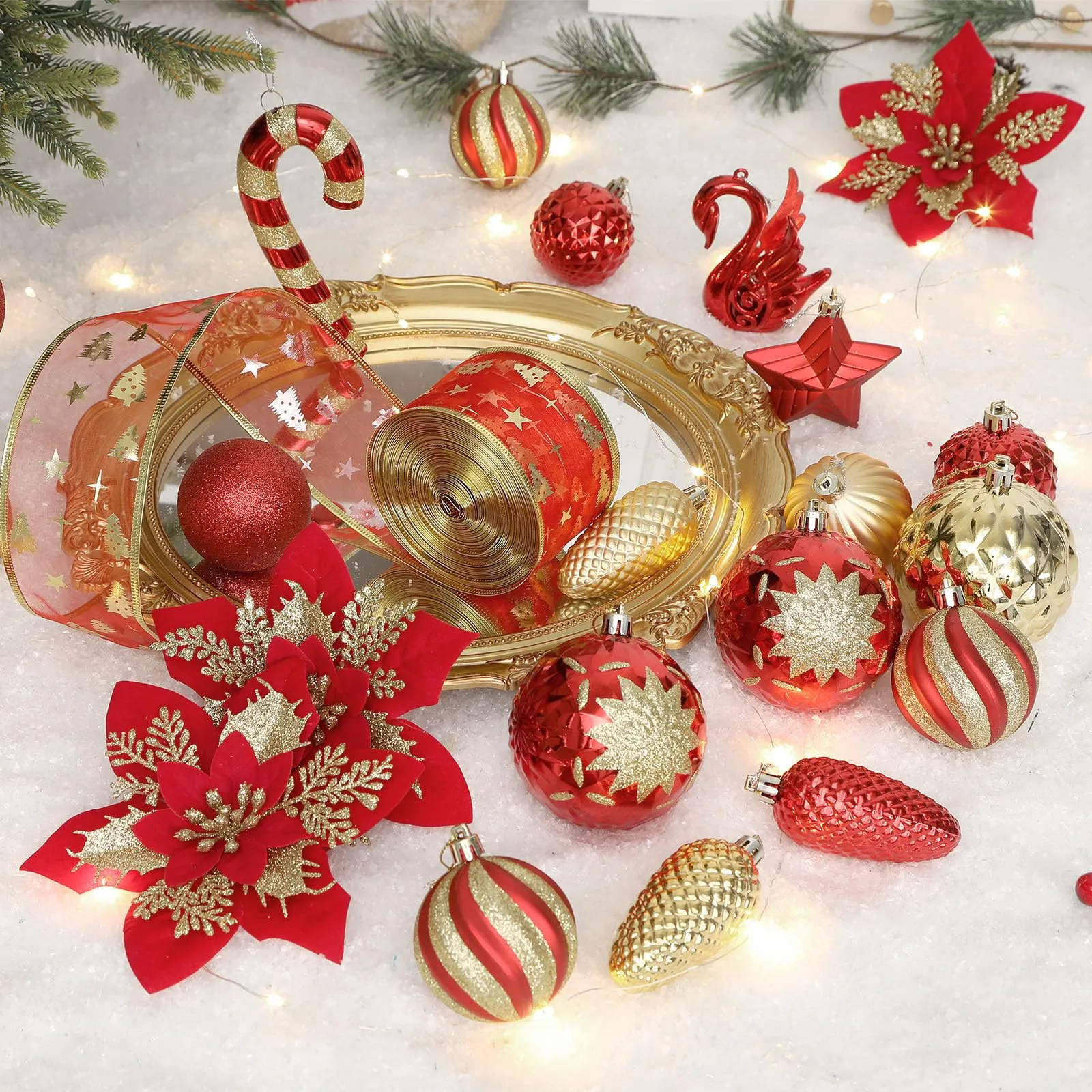 128pcs Red and Gold Shatterproof Plastic Baubles Christmas Balls Ornaments Set