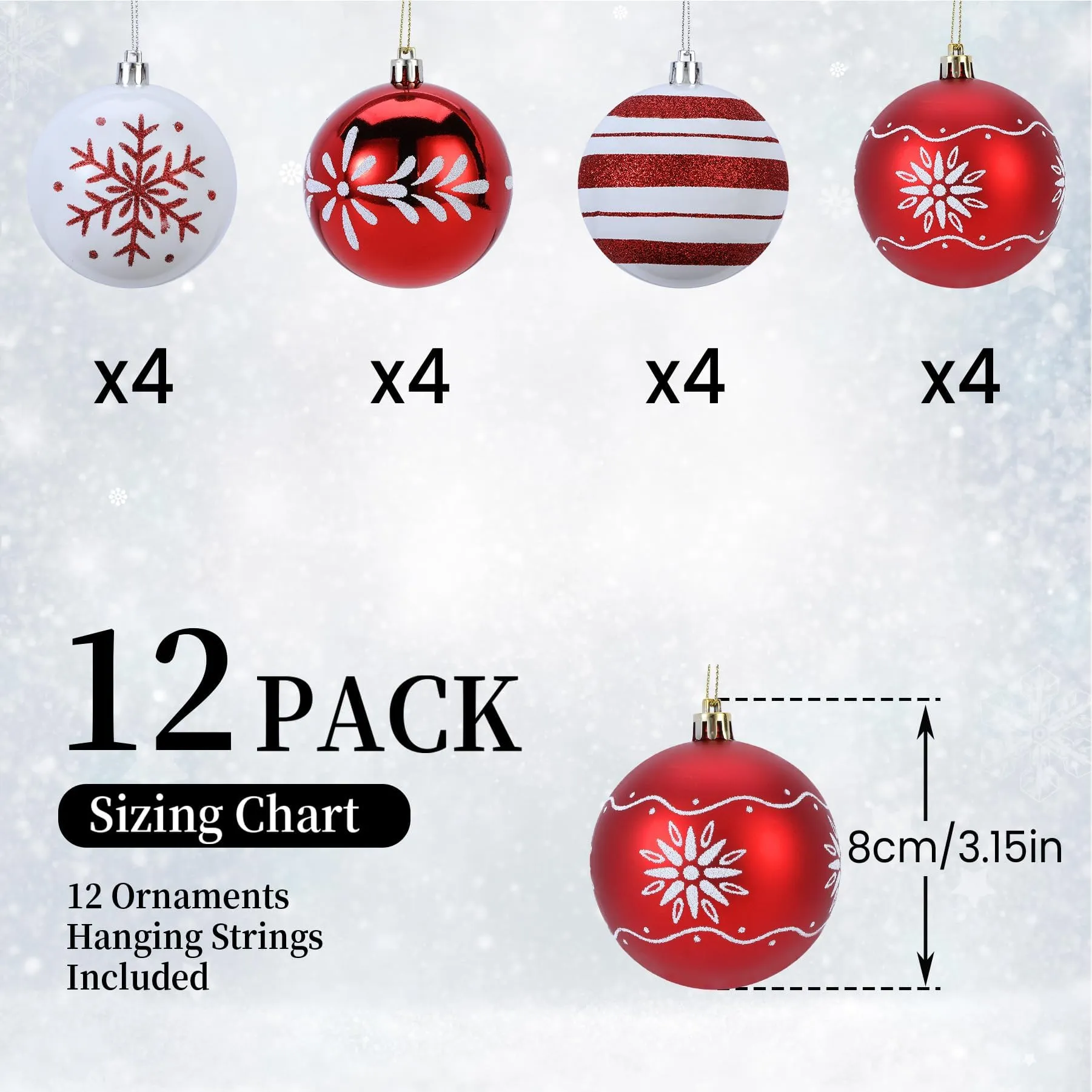 12ct 3.15 Inch Red & White Christmas Tree Balls Ornaments