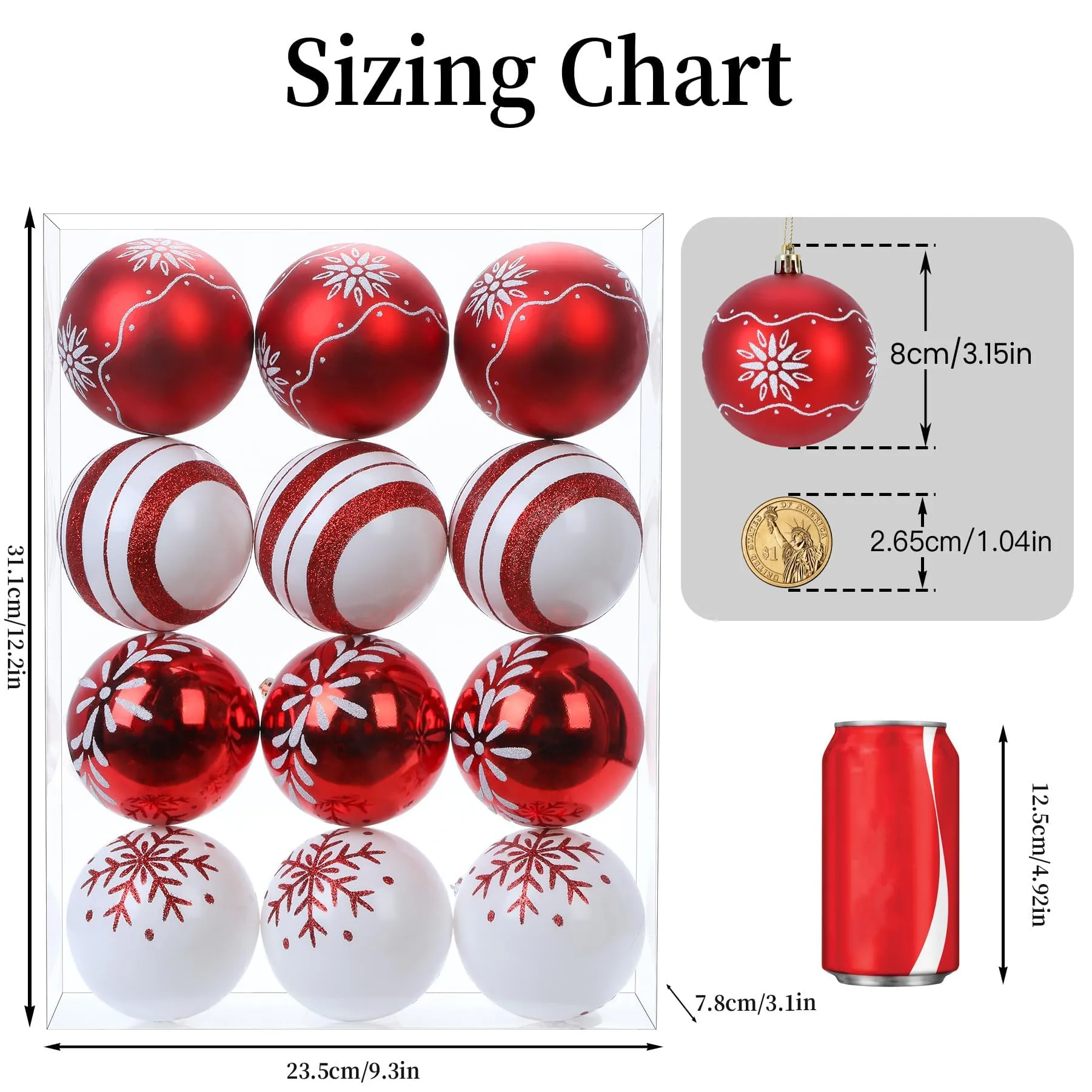 12ct 3.15 Inch Red & White Christmas Tree Balls Ornaments