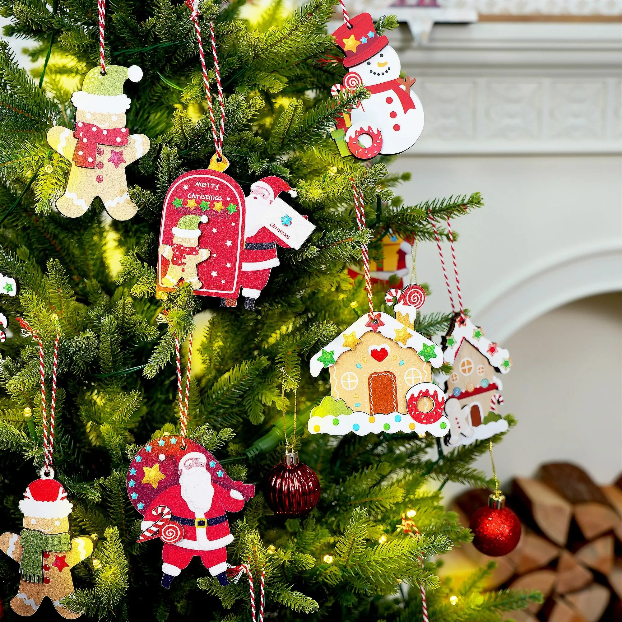 20Pcs Wooden Christmas Tree Ornaments, Santa Claus and Gingerbread Man