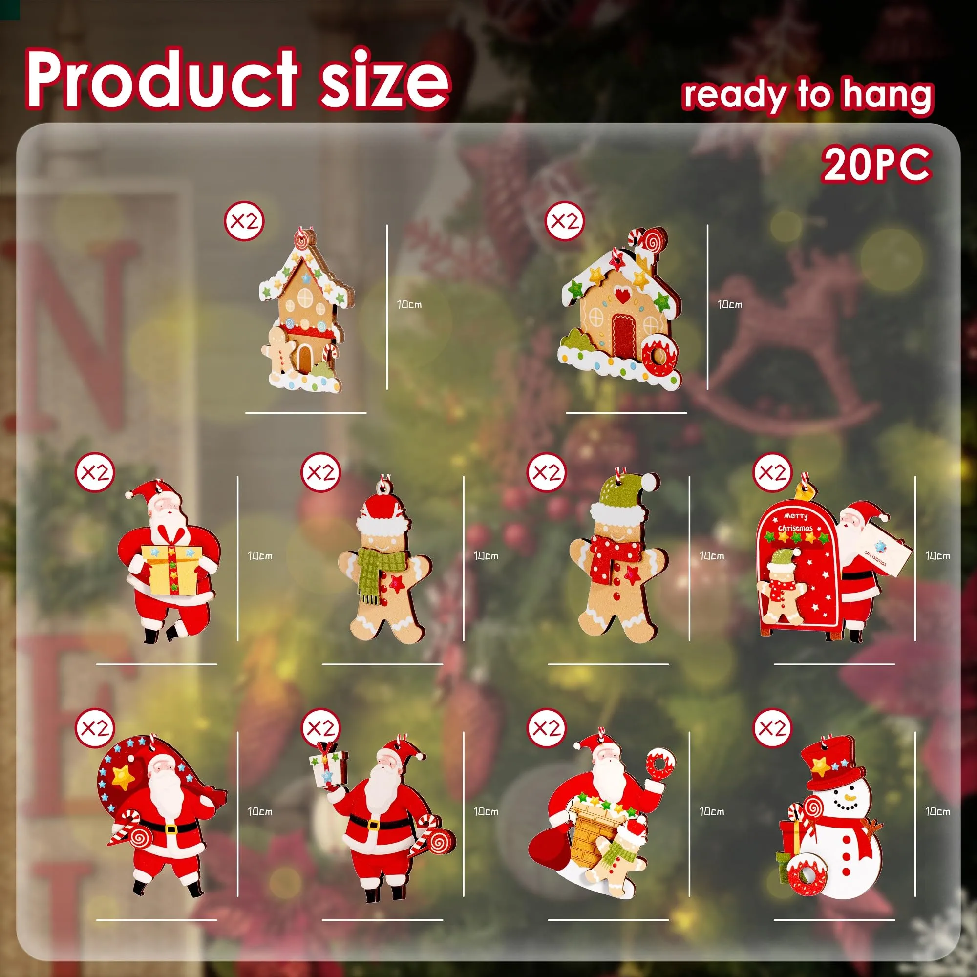 20Pcs Wooden Christmas Tree Ornaments, Santa Claus and Gingerbread Man