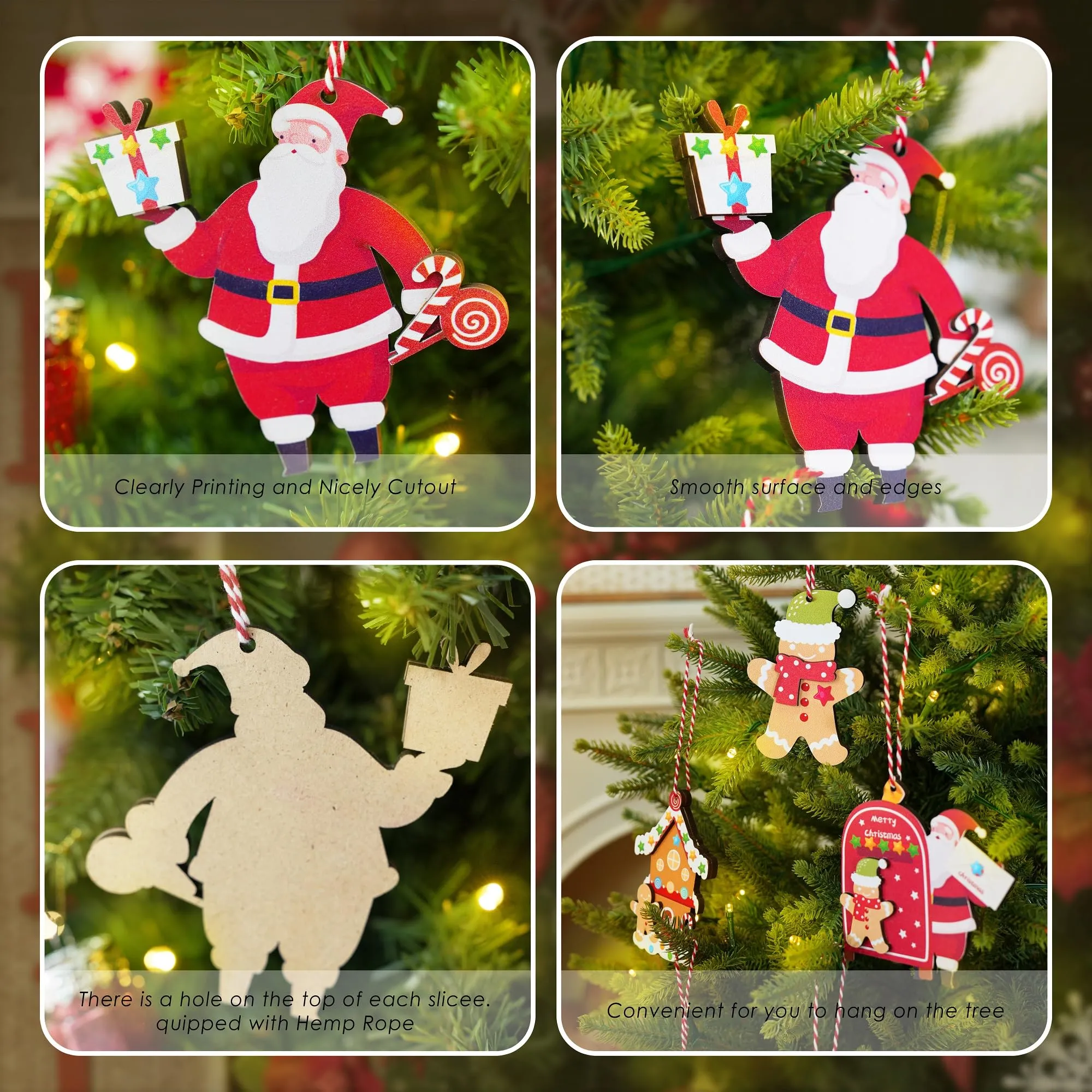 20Pcs Wooden Christmas Tree Ornaments, Santa Claus and Gingerbread Man