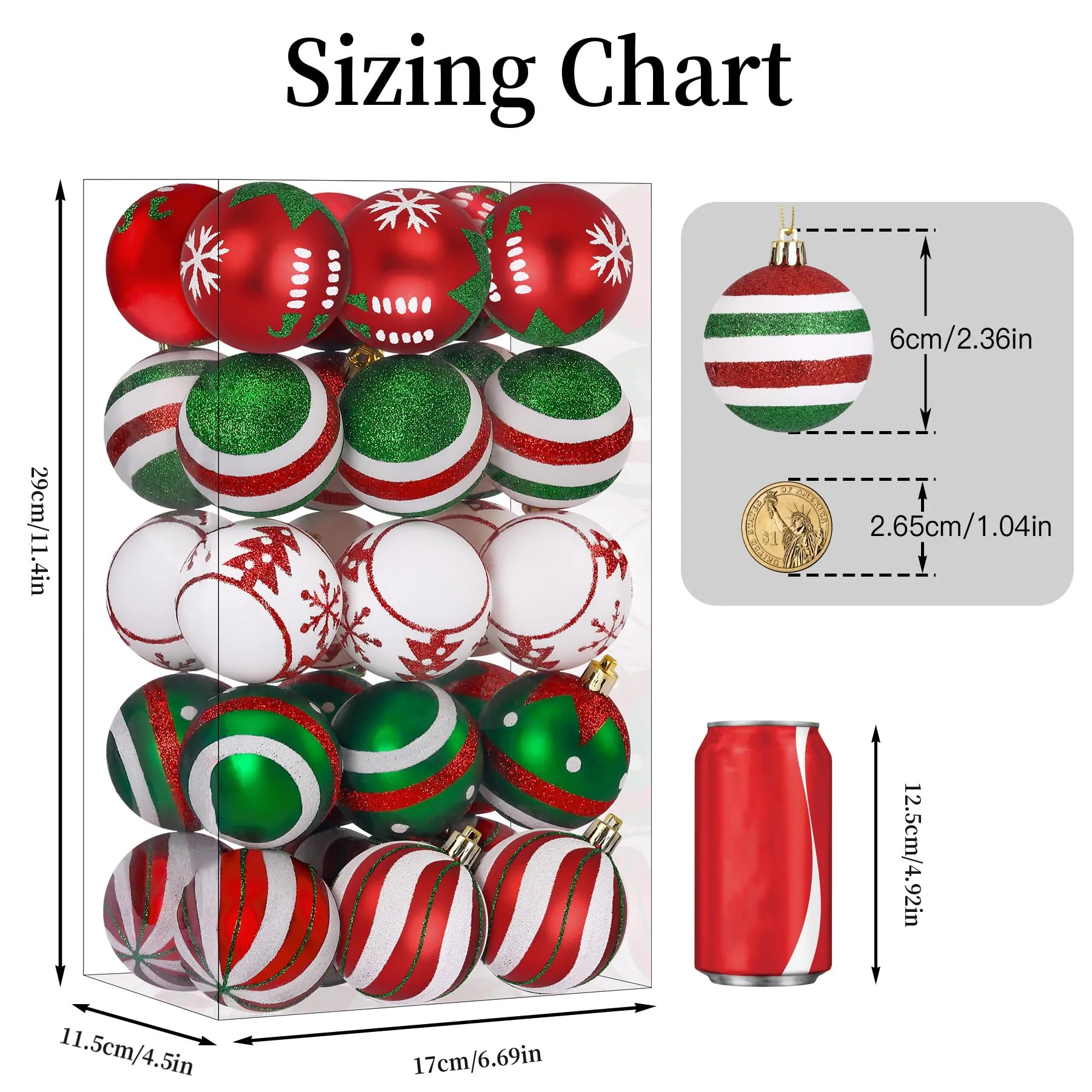 30ct 2.36 Inch Red & Green White Christmas Tree Balls Ornaments