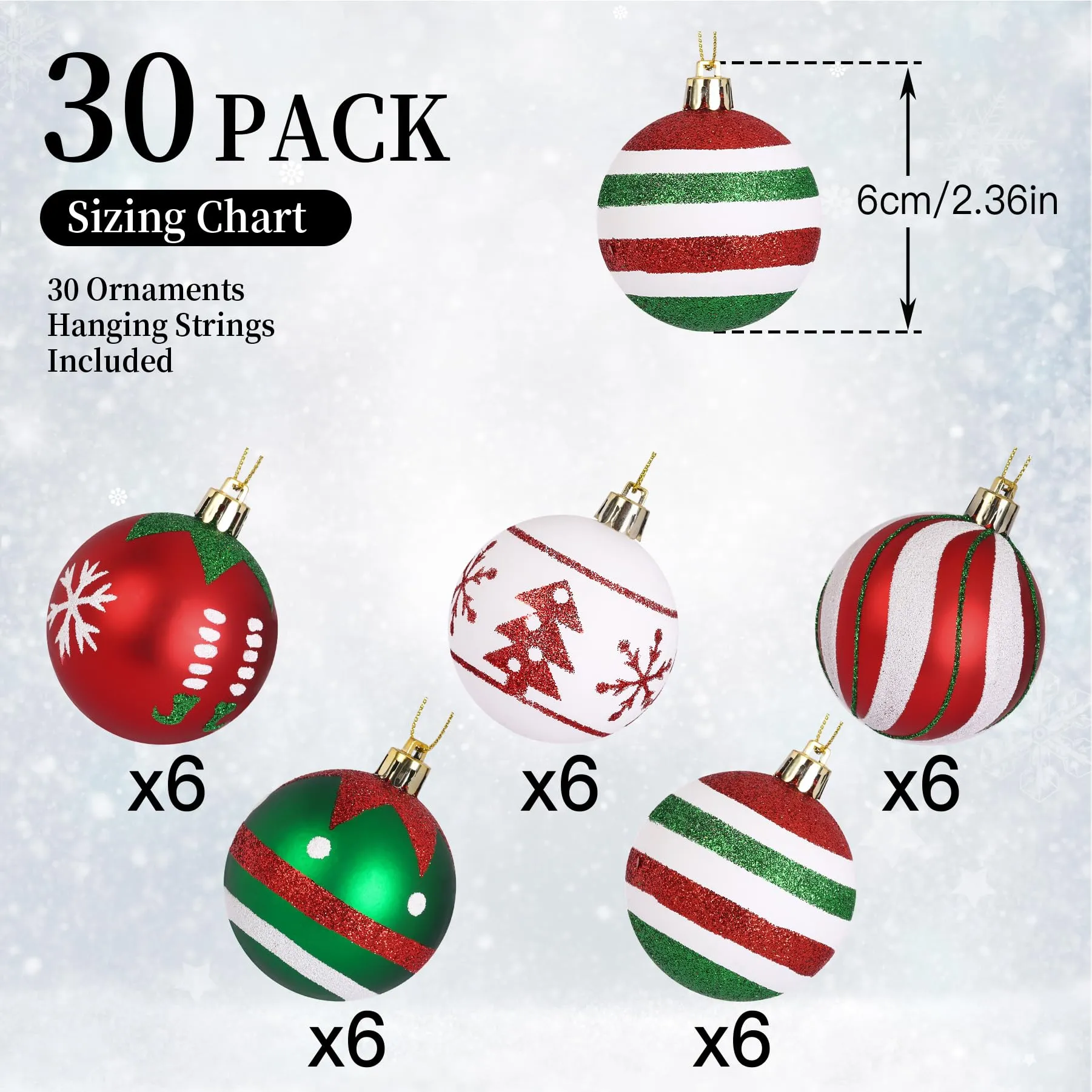 30ct 2.36 Inch Red & Green White Christmas Tree Balls Ornaments