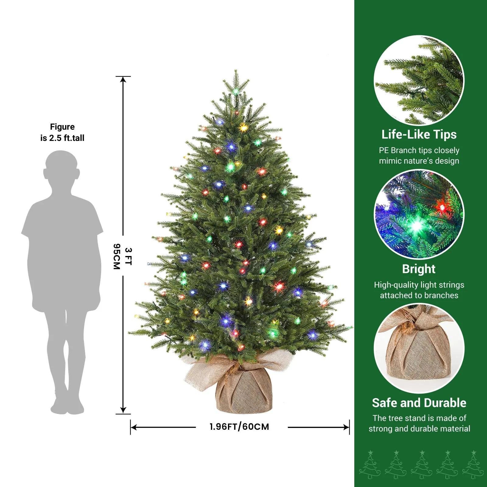 3ft Prelit Artificial Small Mini Christmas Tree with Color LED Lights