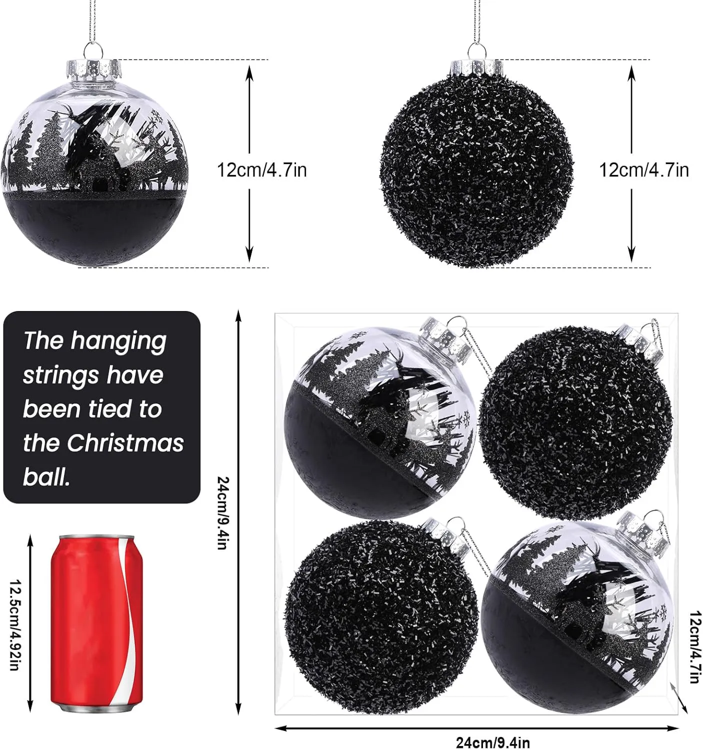 4 Pcs Black 120mm/4.72" Large Christmas Balls Ornaments