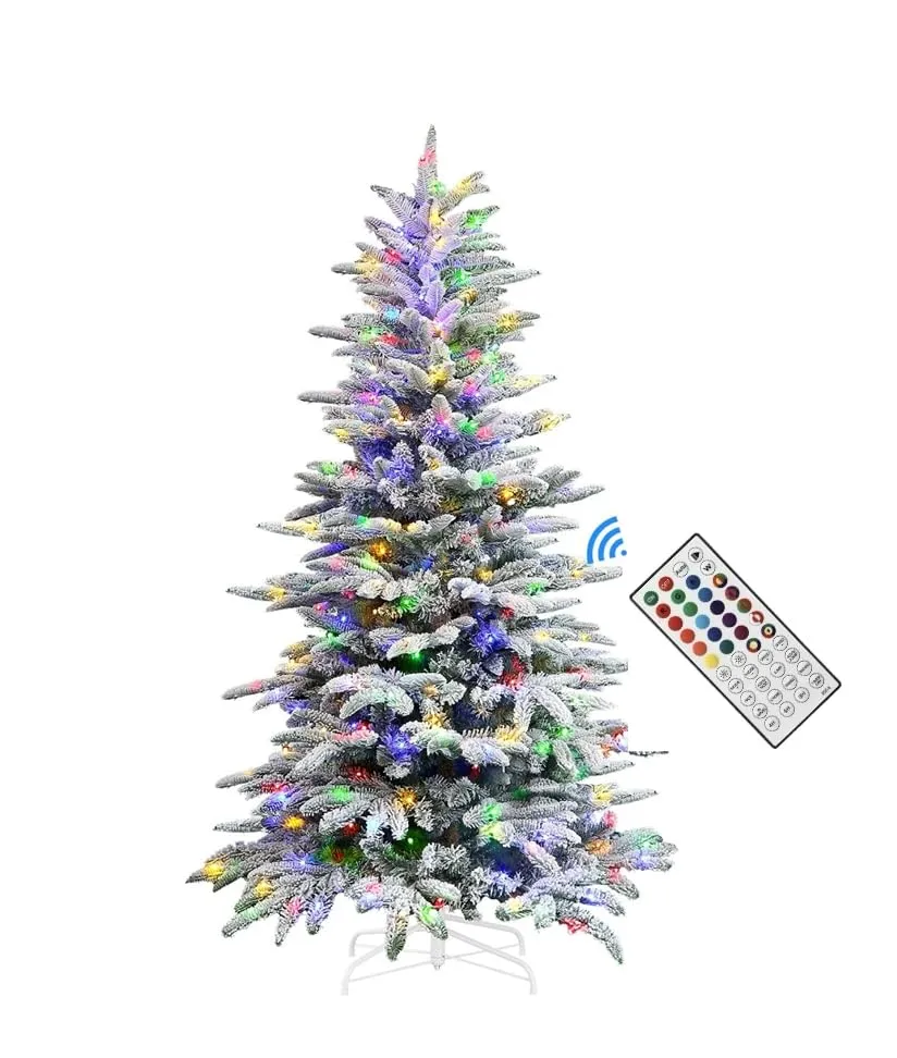 4ft Prelit Multi-Color RGB Lights Artificial Hinged Upgraded Snow Flocked Christmas Tree with Remote