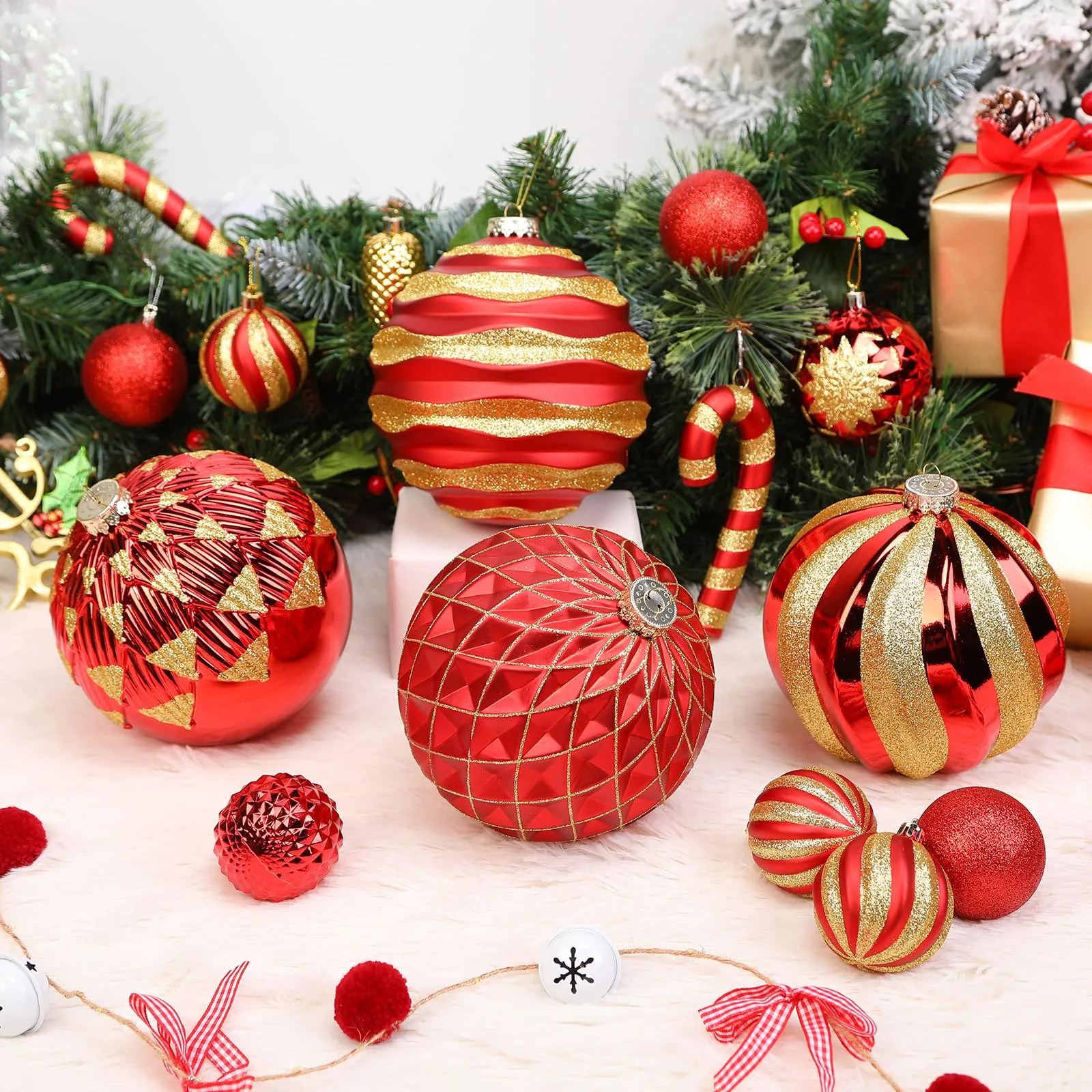 4Pcs 6''/150mm Red & Gold Large Christmas Ball Ornaments with Hooks