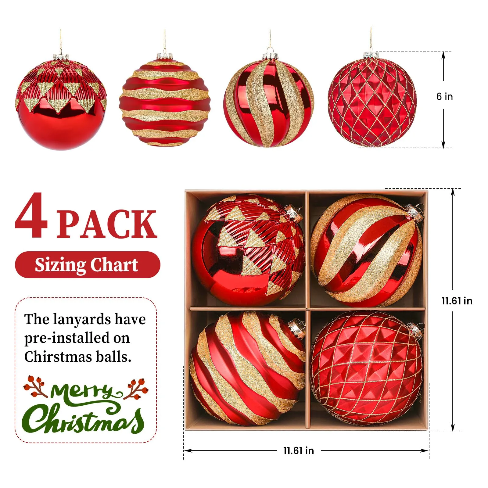 4Pcs 6''/150mm Red & Gold Large Christmas Ball Ornaments with Hooks