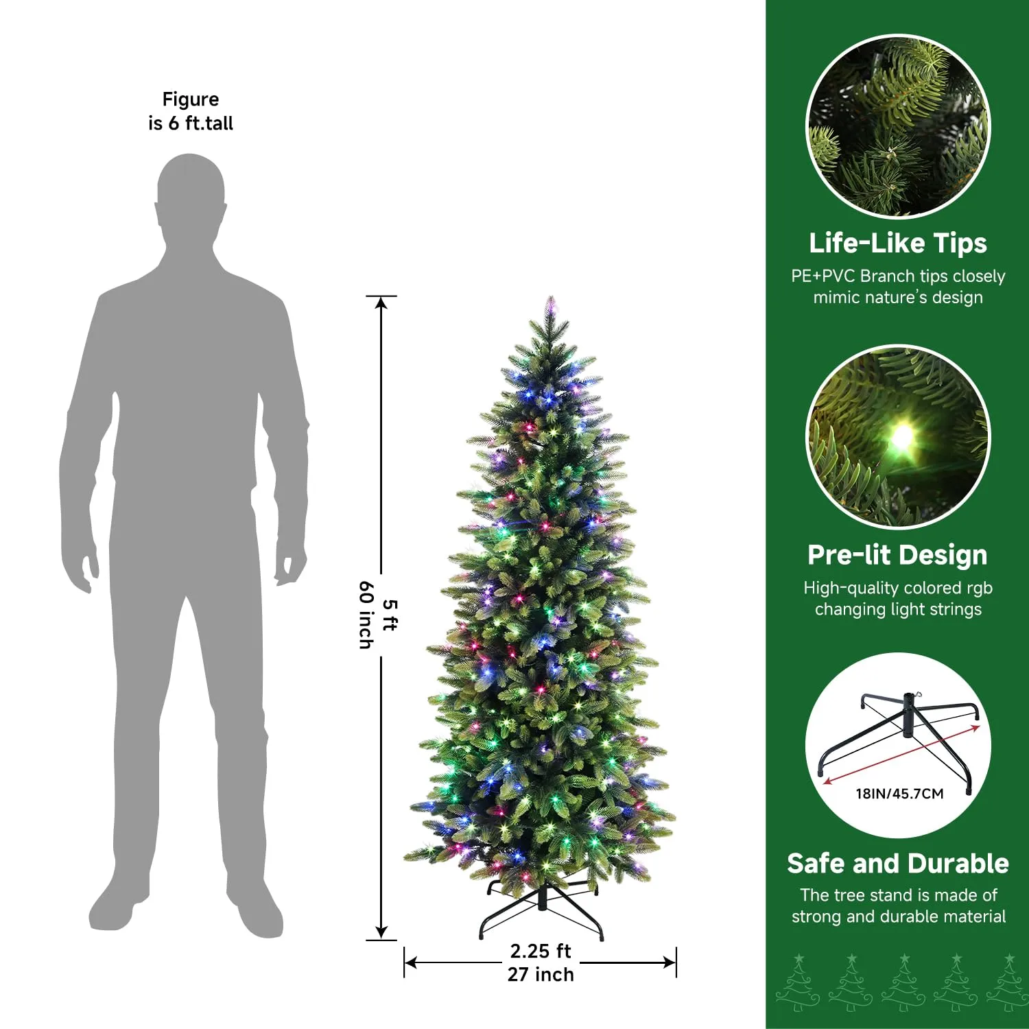 5ft Prelit Multi-Color RGB Lights Artificial Hinged Christmas Tree with Remote Control