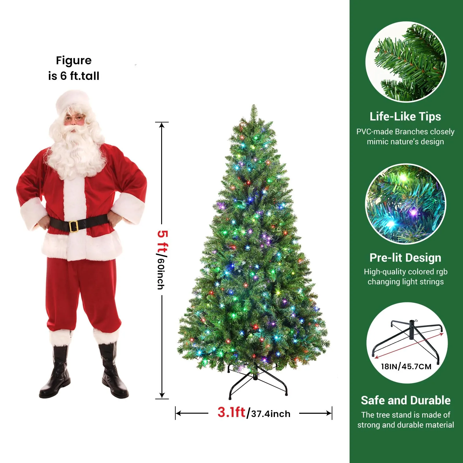 5ft Prelit RGB Lights Premium Artificial Hinged Christmas Tree