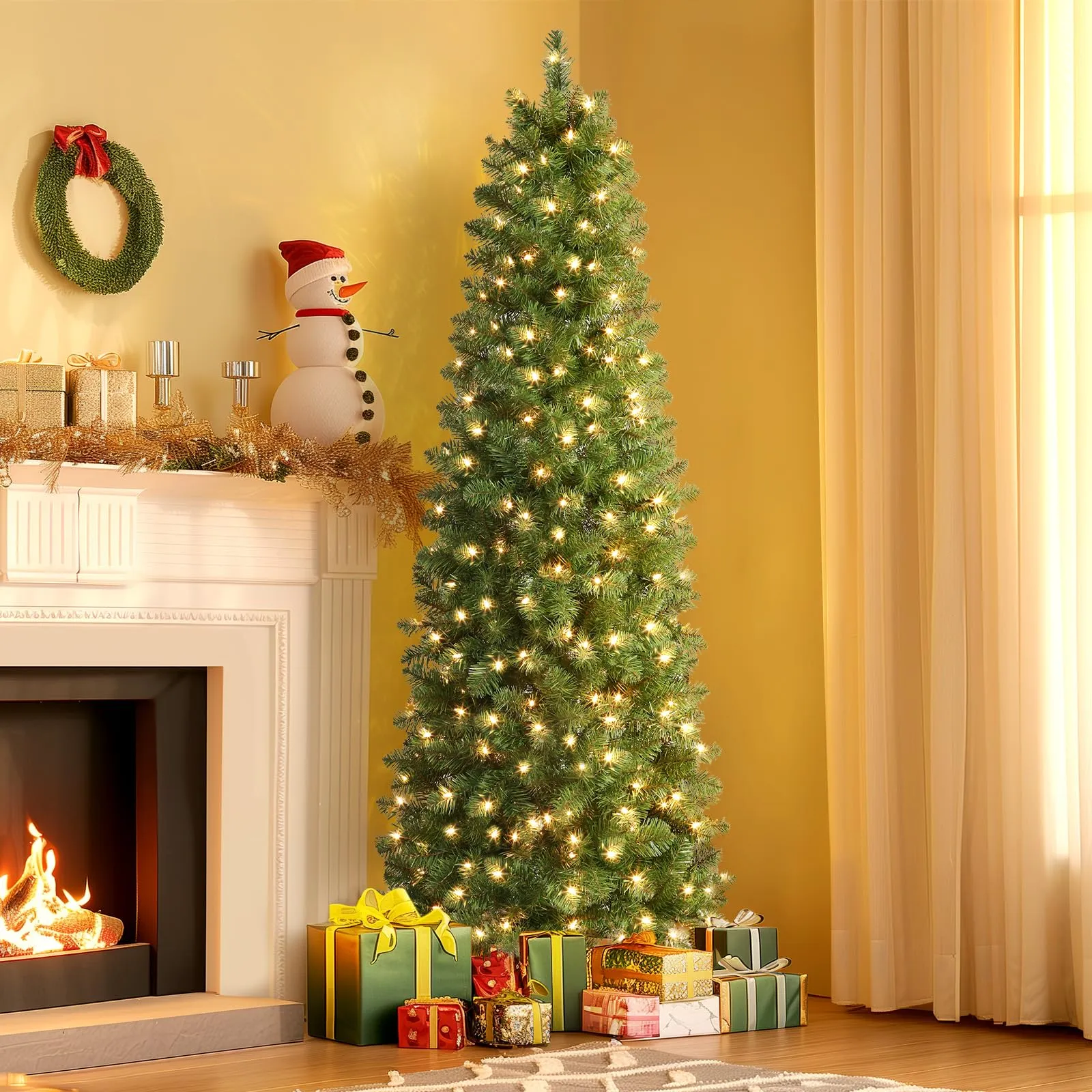 5ft Warm White Light Artificial Hinged Slim Pencil Prelit Christmas Tree