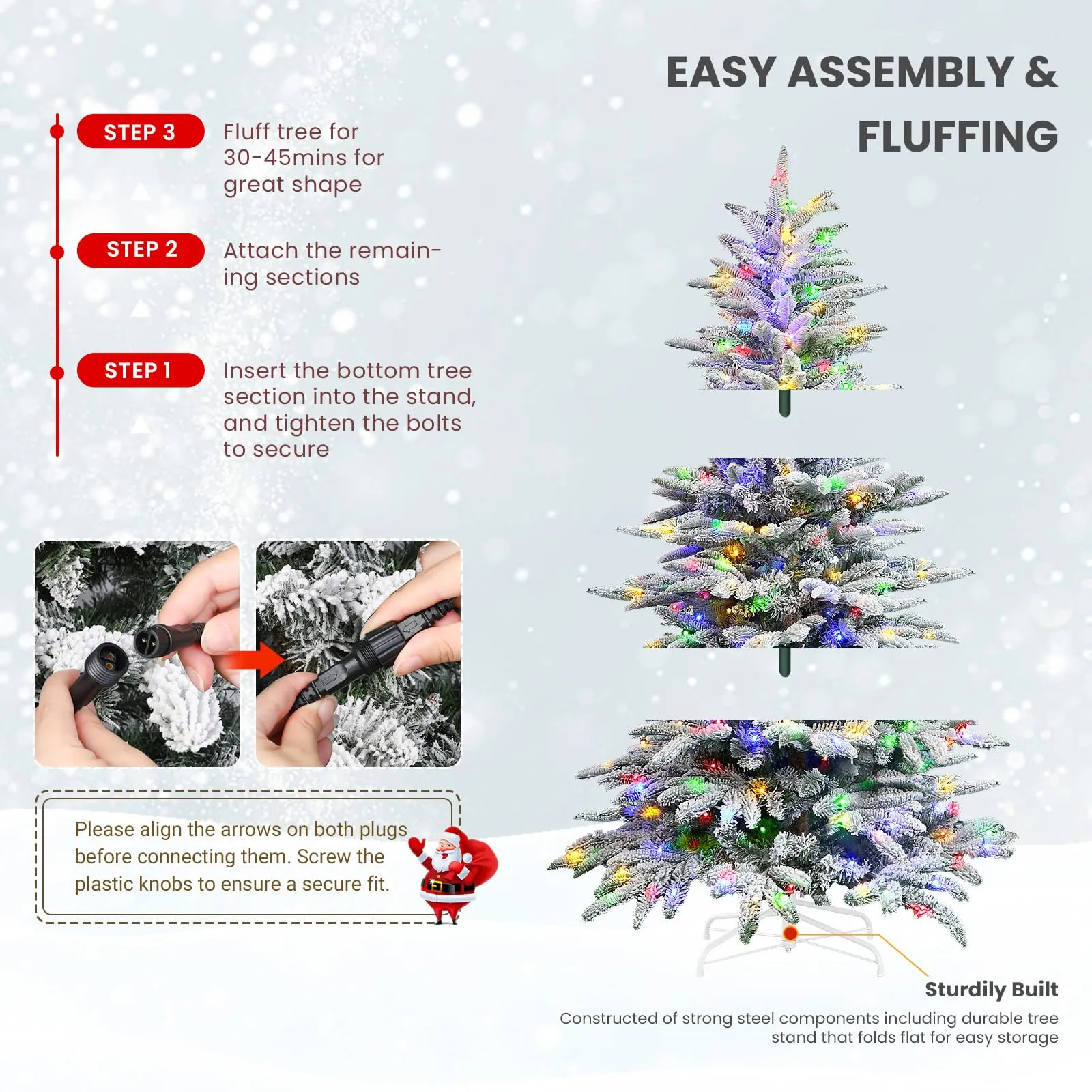 6ft Prelit 380 Multi-Color RGB Lights 1045 PE & PVC Branch Artificial Hinged Upgraded Snow Flocked Christmas Tree with Remote