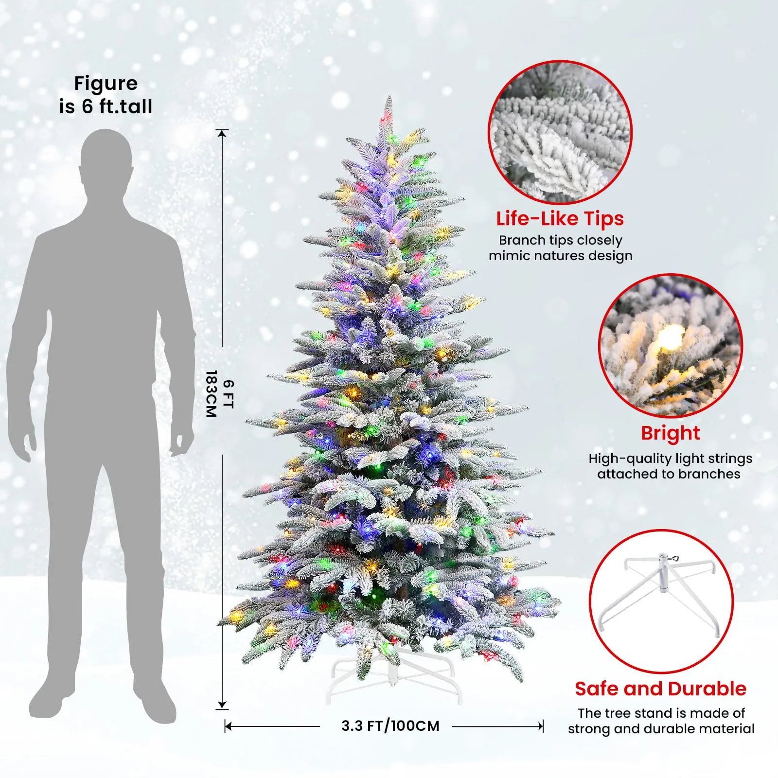 6ft Prelit 380 Multi-Color RGB Lights 1045 PE & PVC Branch Artificial Hinged Upgraded Snow Flocked Christmas Tree with Remote