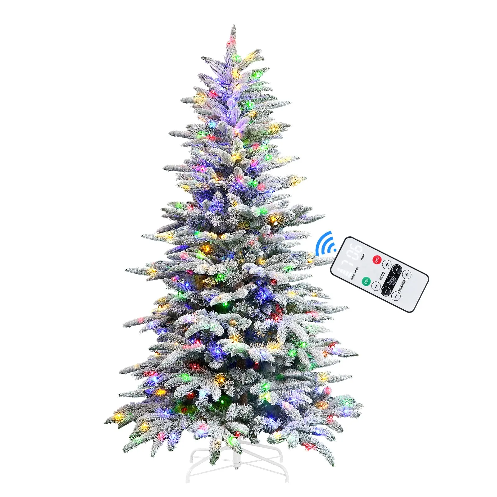 6ft Prelit 380 Multi-Color RGB Lights 1045 PE & PVC Branch Artificial Hinged Upgraded Snow Flocked Christmas Tree with Remote