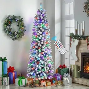 6ft Prelit Multi-Color RGB Lights Snow Flocked Artificial Hinged Slim Pencil Xmas Christmas Tree with Remote