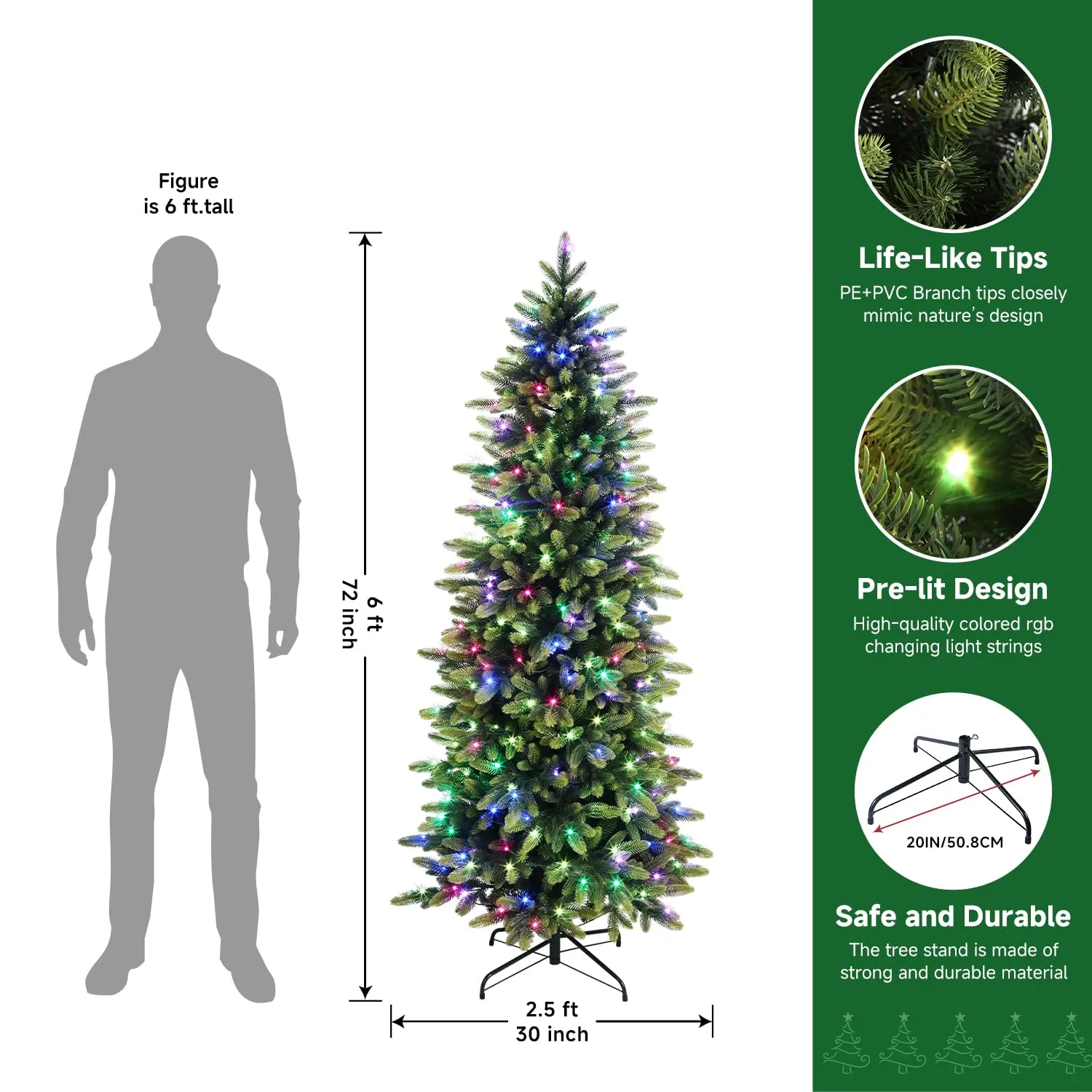 6ft Prelit RGB Lights Artificial Hinged Christmas Tree with Remote Control