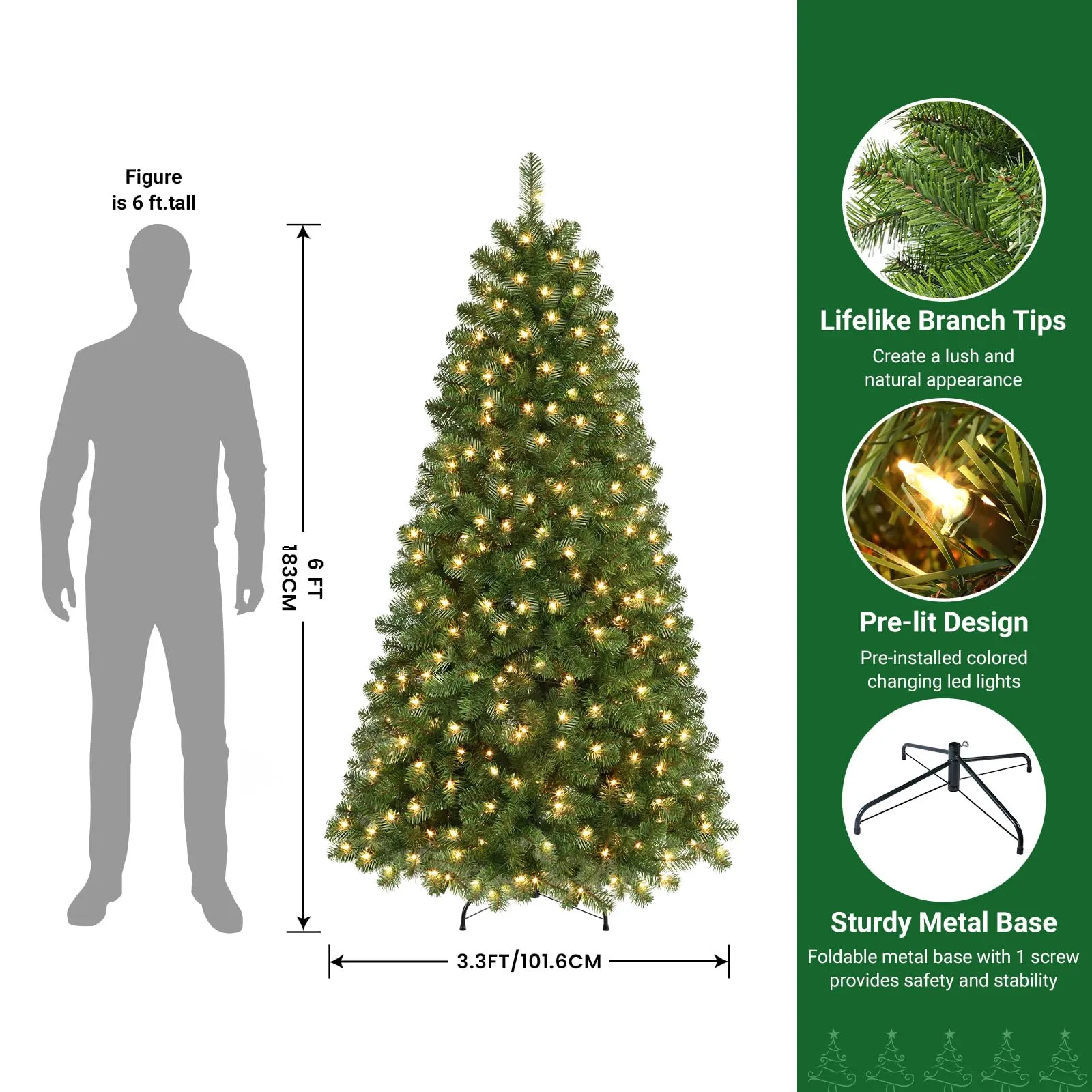 6ft Prelit Warm White Lights Premium Artificial Hinged Christmas Tree