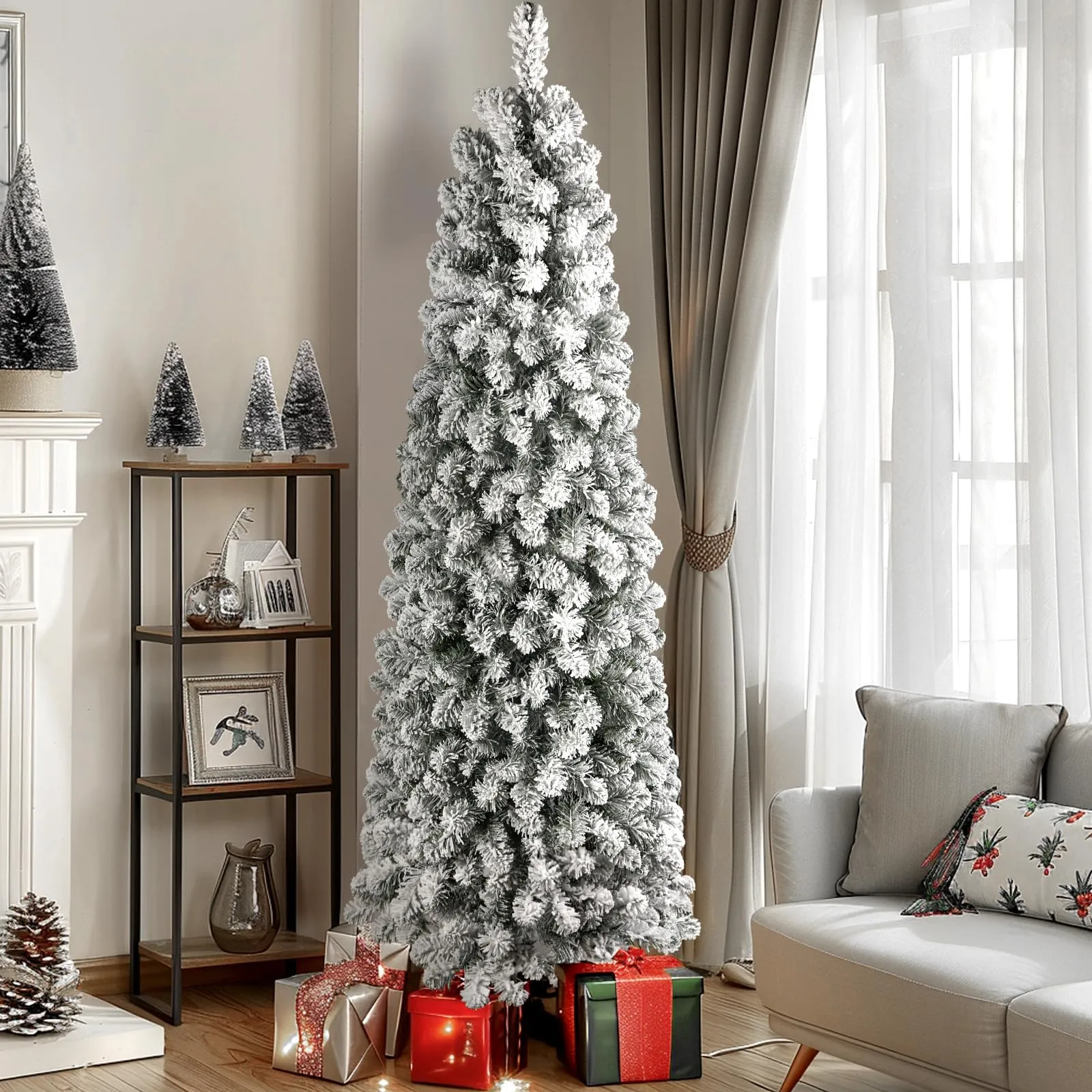 6ft Prelit Warm White Lights Snow Flocked Artificial Hinged Slim Pencil Christmas Tree