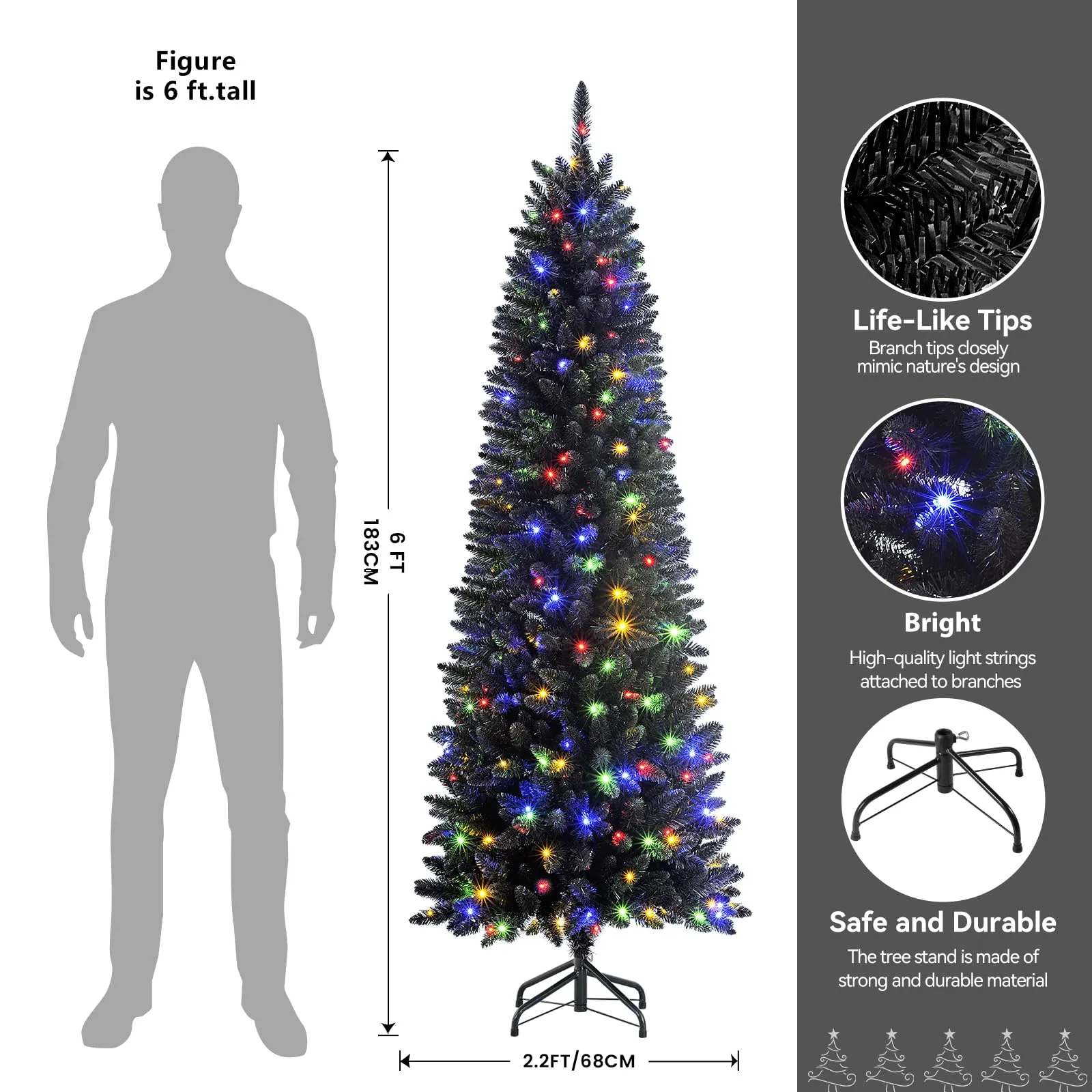 6ft Premium Prelit Warm White & Multi-Color Lights Artificial Hinged Slim Pencil Christmas Tree with Remote Control