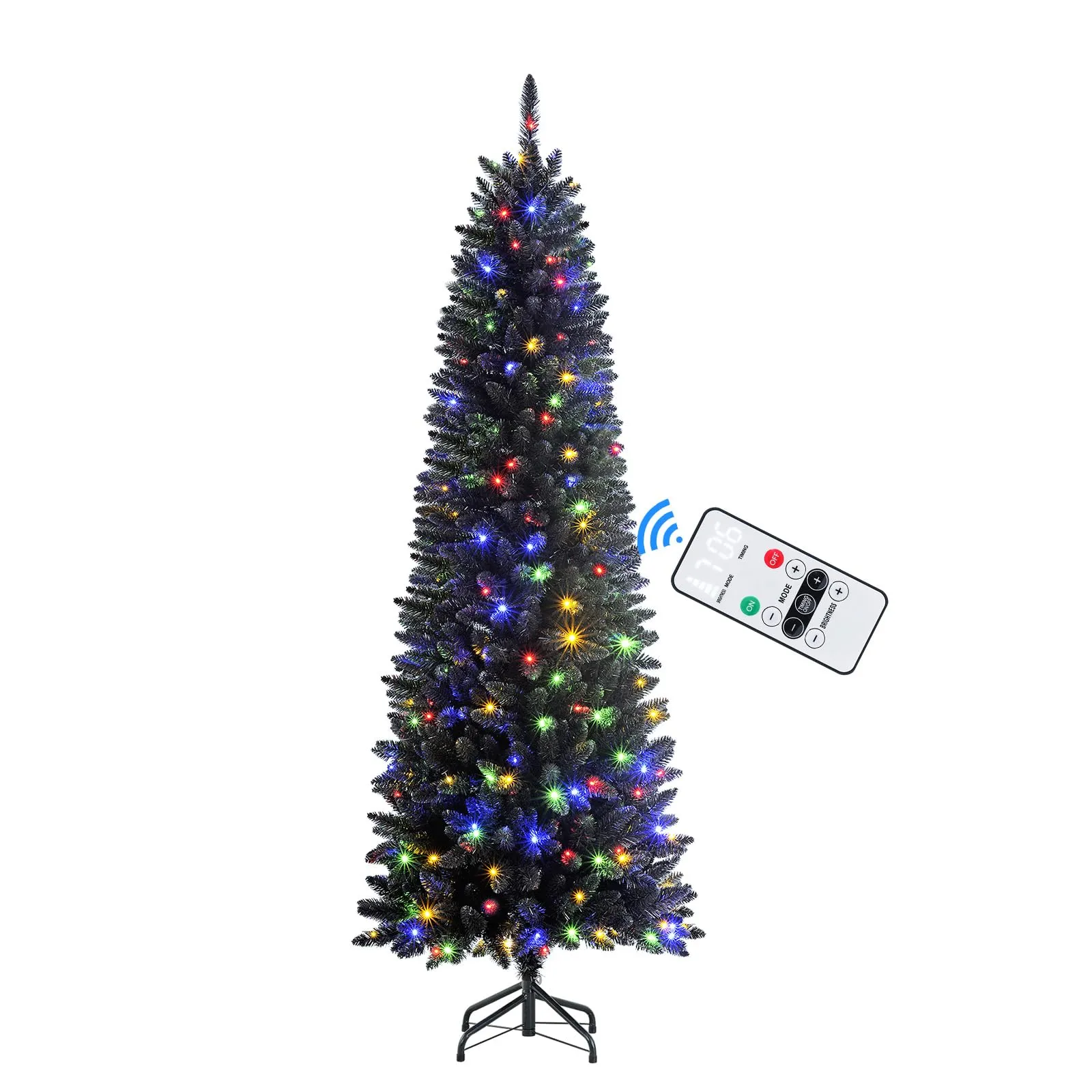 6ft Premium Prelit Warm White & Multi-Color Lights Artificial Hinged Slim Pencil Christmas Tree with Remote Control