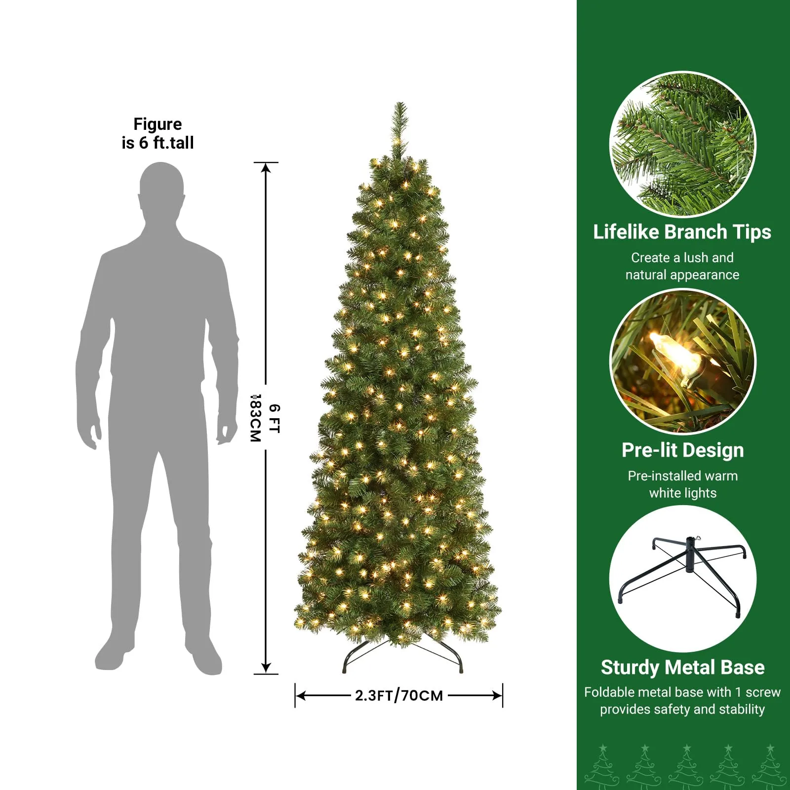 6ft Warm White Light Artificial Hinged Slim Pencil Prelit Christmas Tree