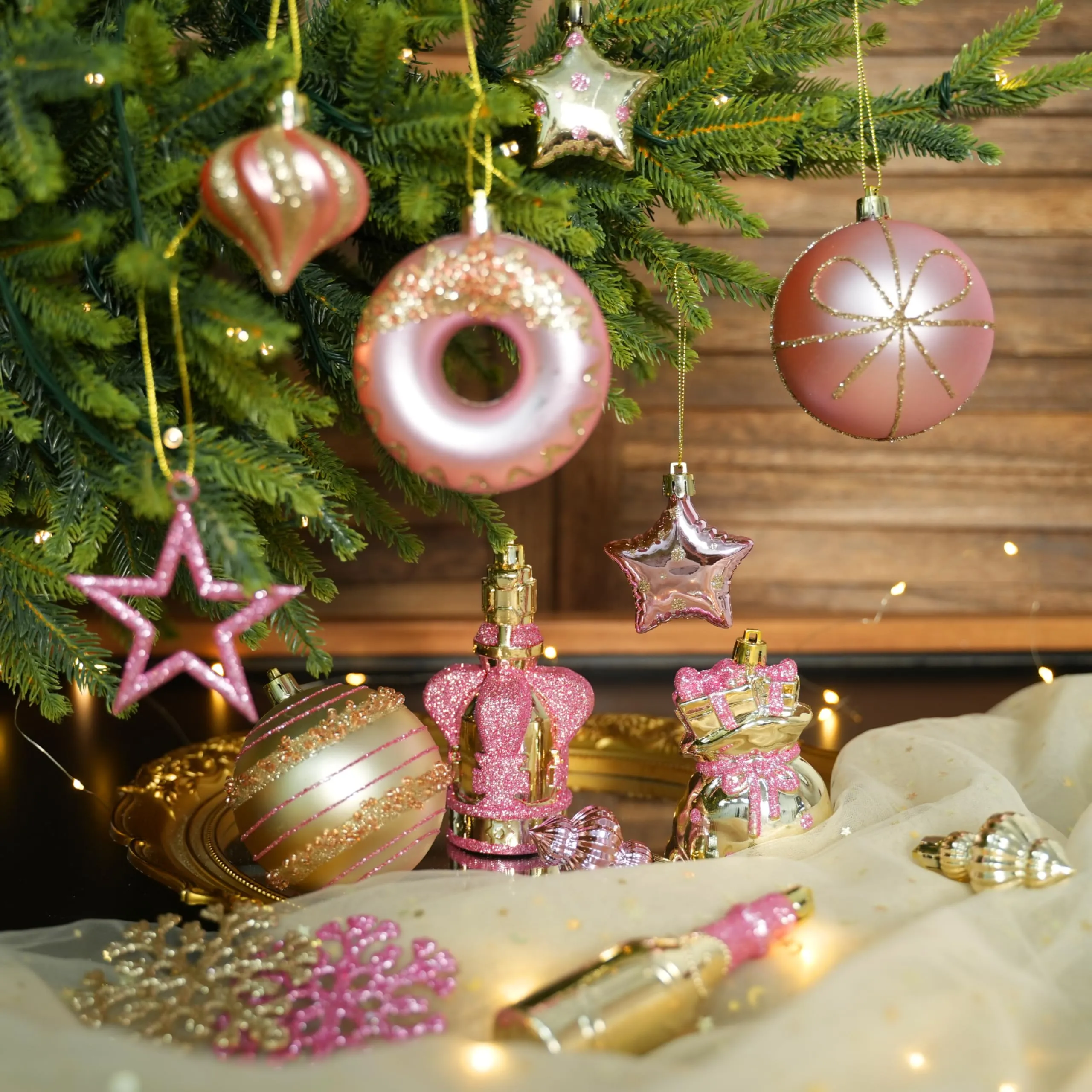 70 pcs Pink and Gold Christmas Ball Ornament Set