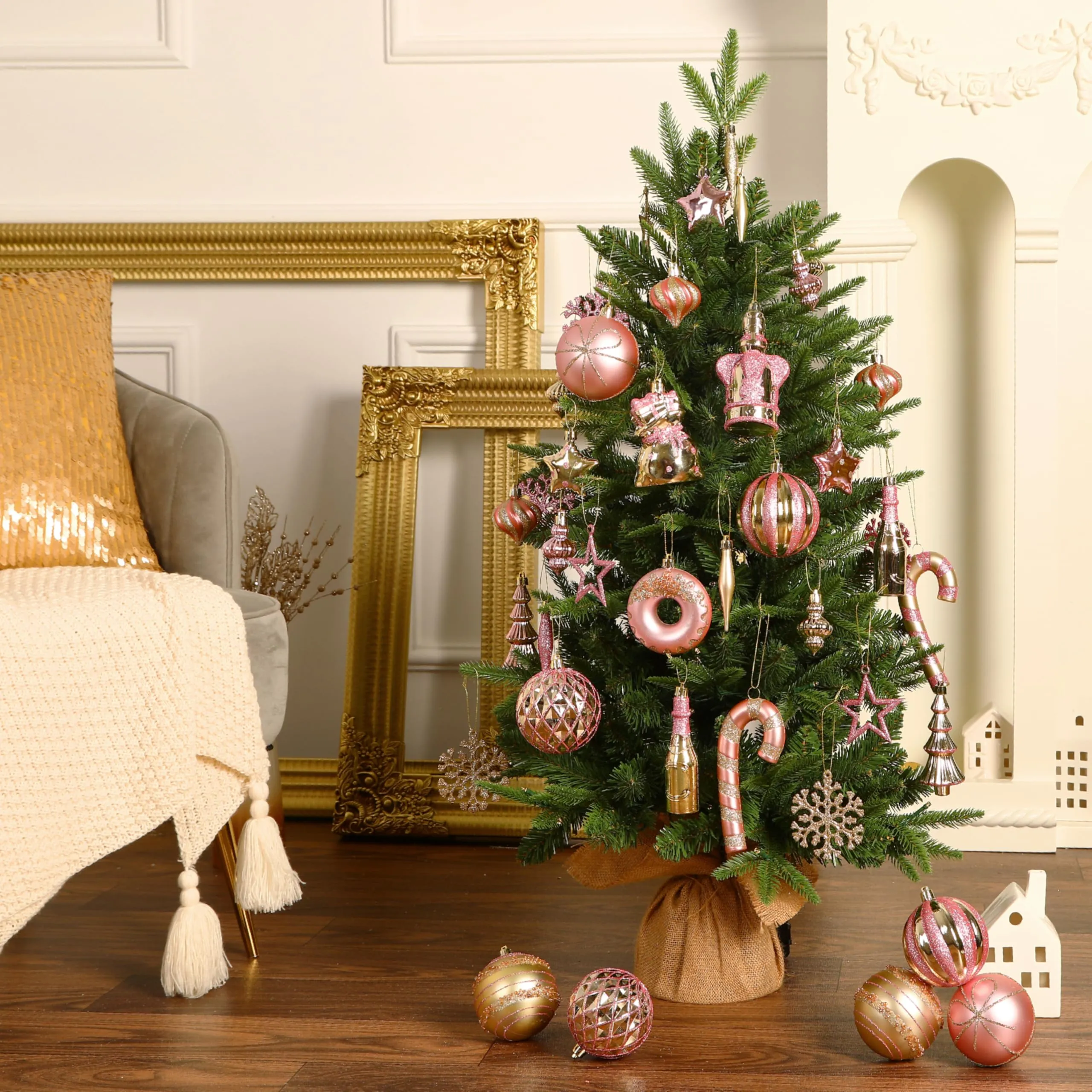 70 pcs Pink and Gold Christmas Ball Ornament Set