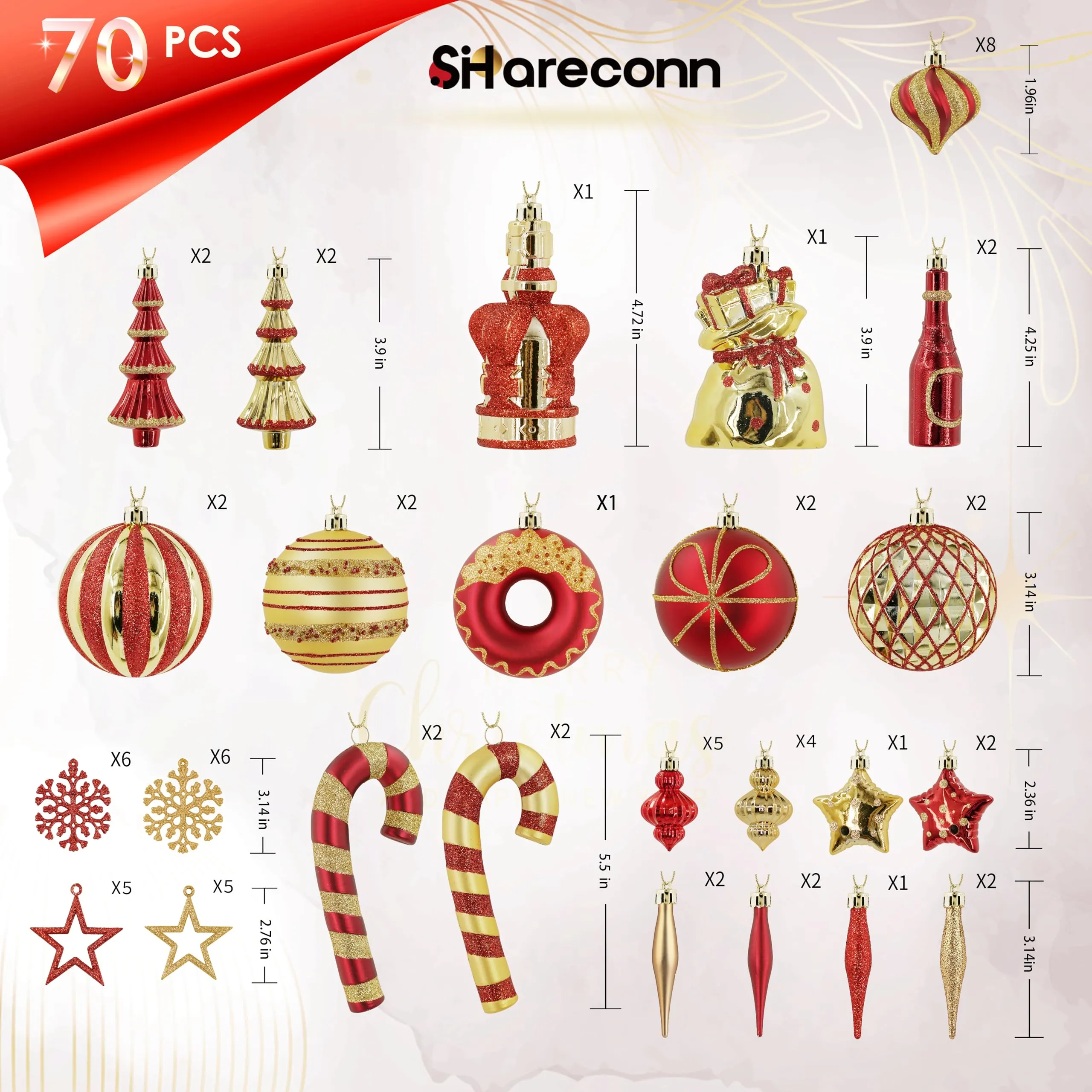 70 Pcs Red and Gold Christmas Ball Ornament Set