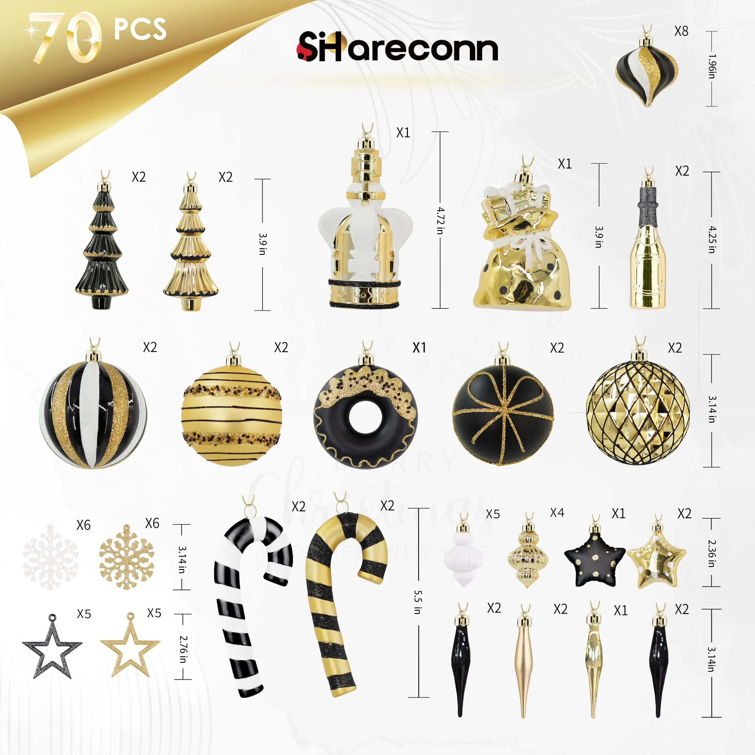 70ct Black, White and Gold Christmas Ball Ornament Set