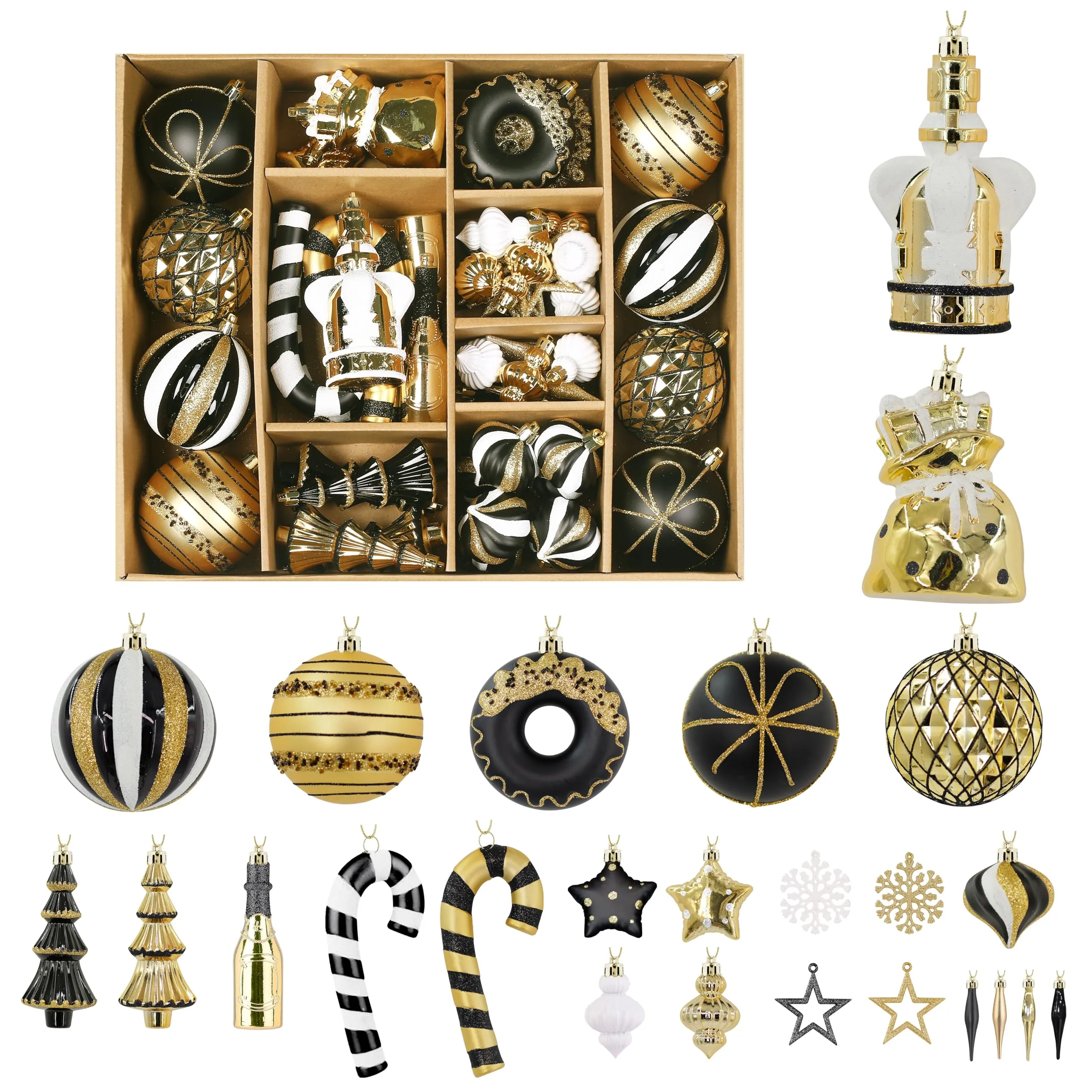 70ct Black, White and Gold Christmas Ball Ornament Set