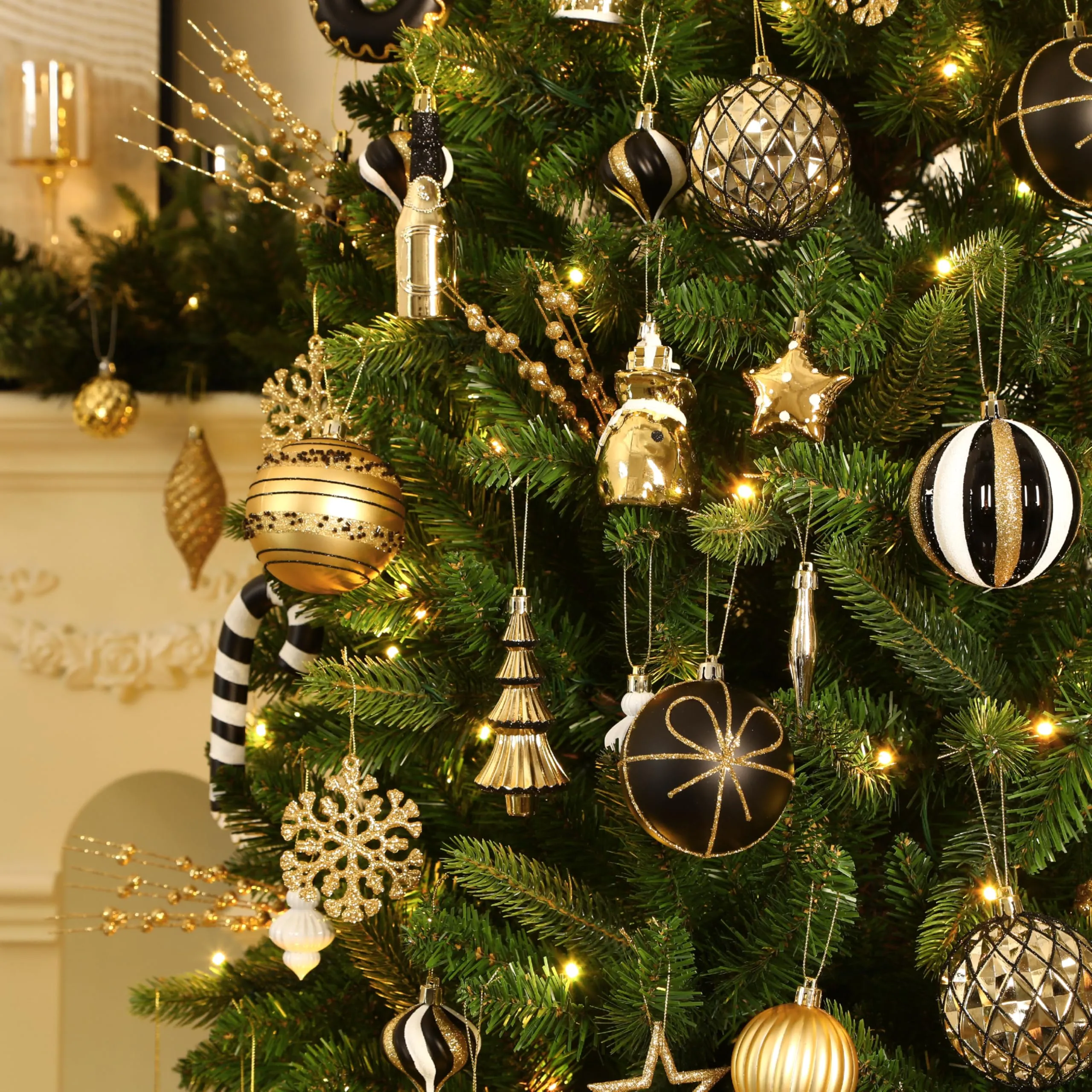 70ct Black, White and Gold Christmas Ball Ornament Set