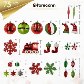 75 Pcs Red Green & White Christmas Balls Ornaments Set