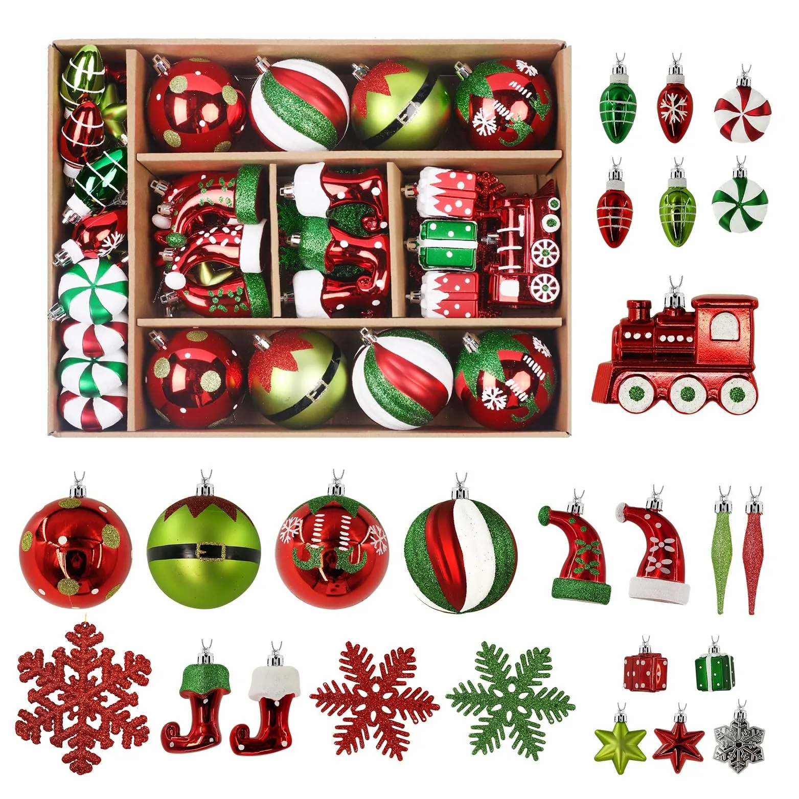 75 Pcs Red Green & White Christmas Balls Ornaments Set