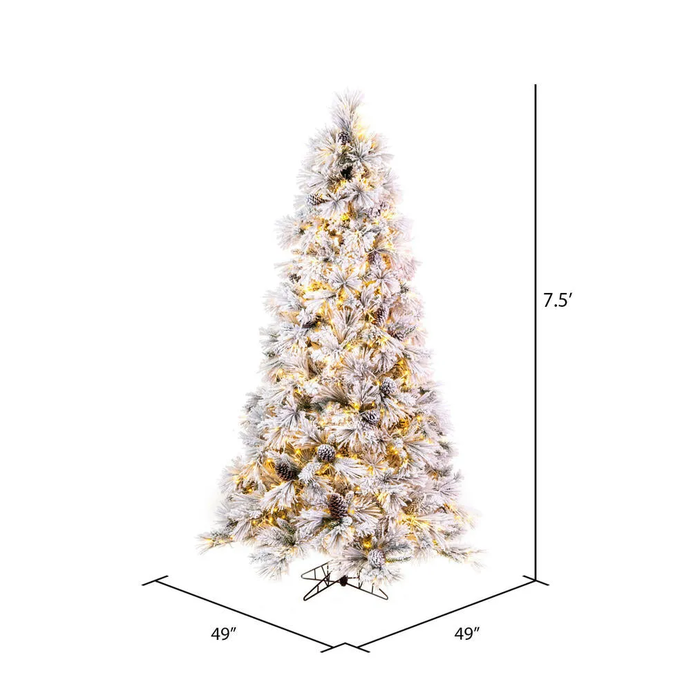 7.5' x 49" Flocked Atka Pine Artificial Xmas Tree 3mm LED Color Changing Lights