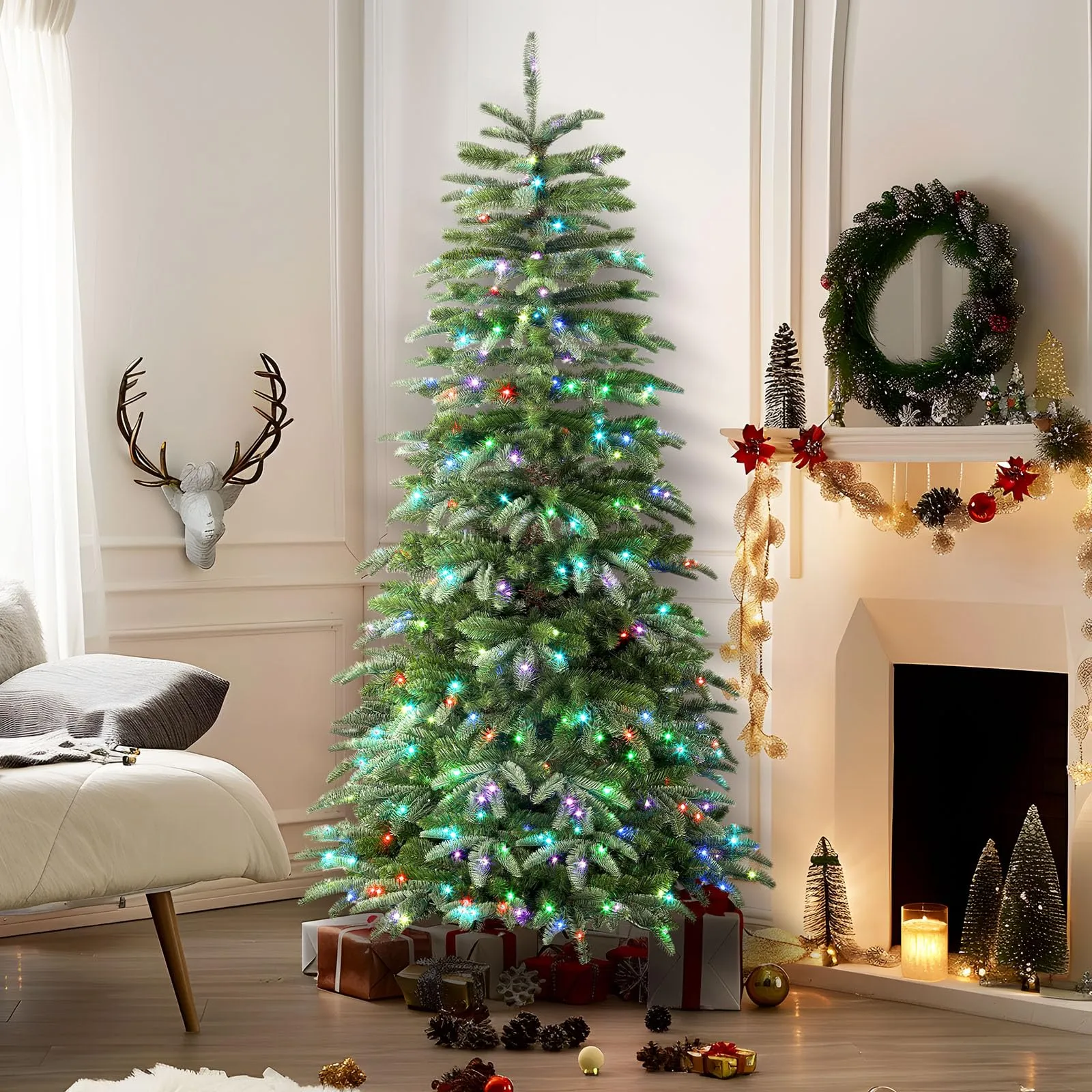 7.5ft Prelit Multi-Color RGB Lights Artificial Hinged Upgraded Christmas Tree with Remote